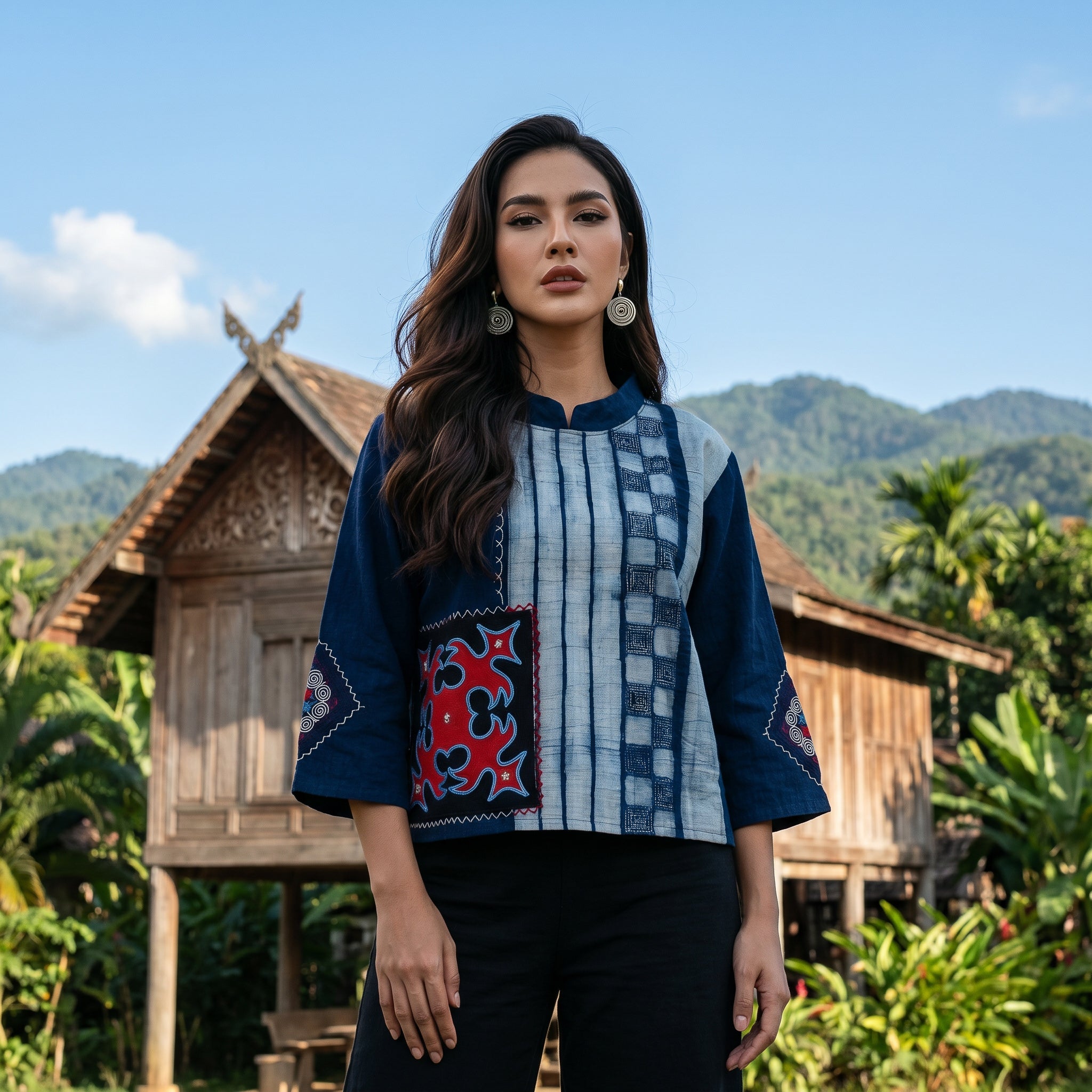Handcrafted Modern-Style Hmong Hemp Blue Batik Top with Large Diamond Stitched Panel from Chiang Rai Thailand - Lalanna Design