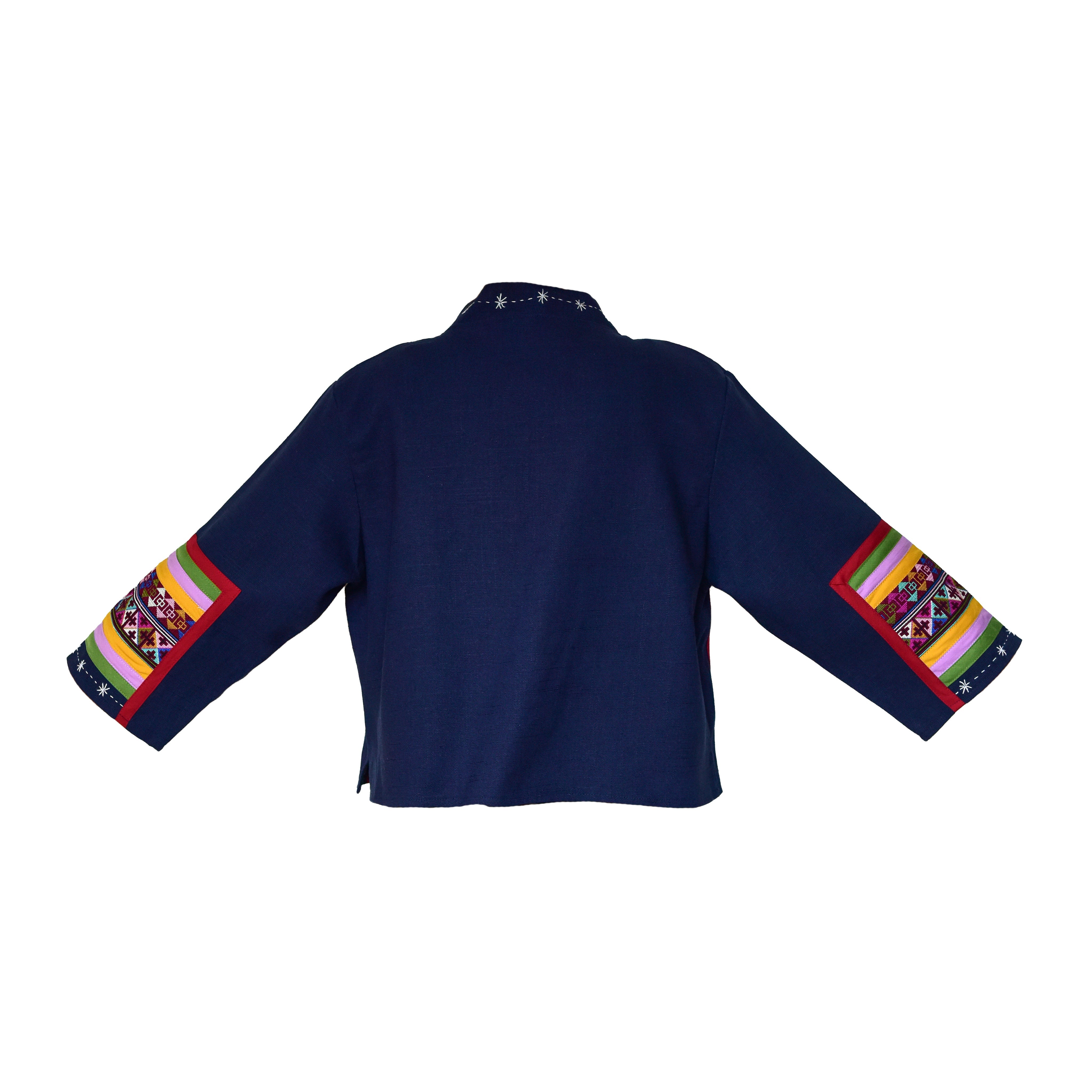 Handcrafted Modern-Style Hmong Hemp Button Jacket Embroidered Navy Blue from Chiang Mai Thailand - Lalanna Design