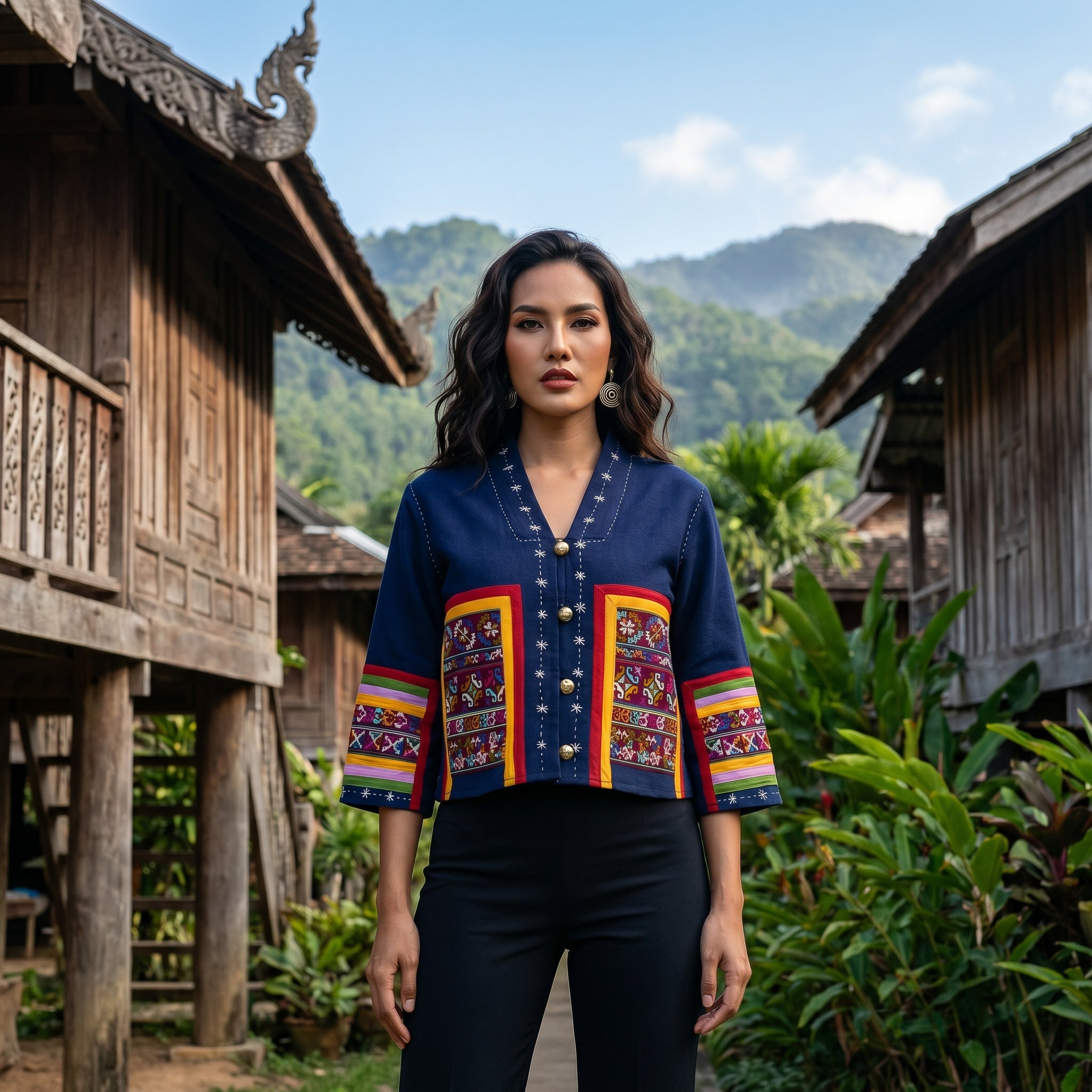 Handcrafted Modern-Style Hmong Hemp Button Jacket Embroidered Navy Blue from Chiang Mai Thailand - Lalanna Design