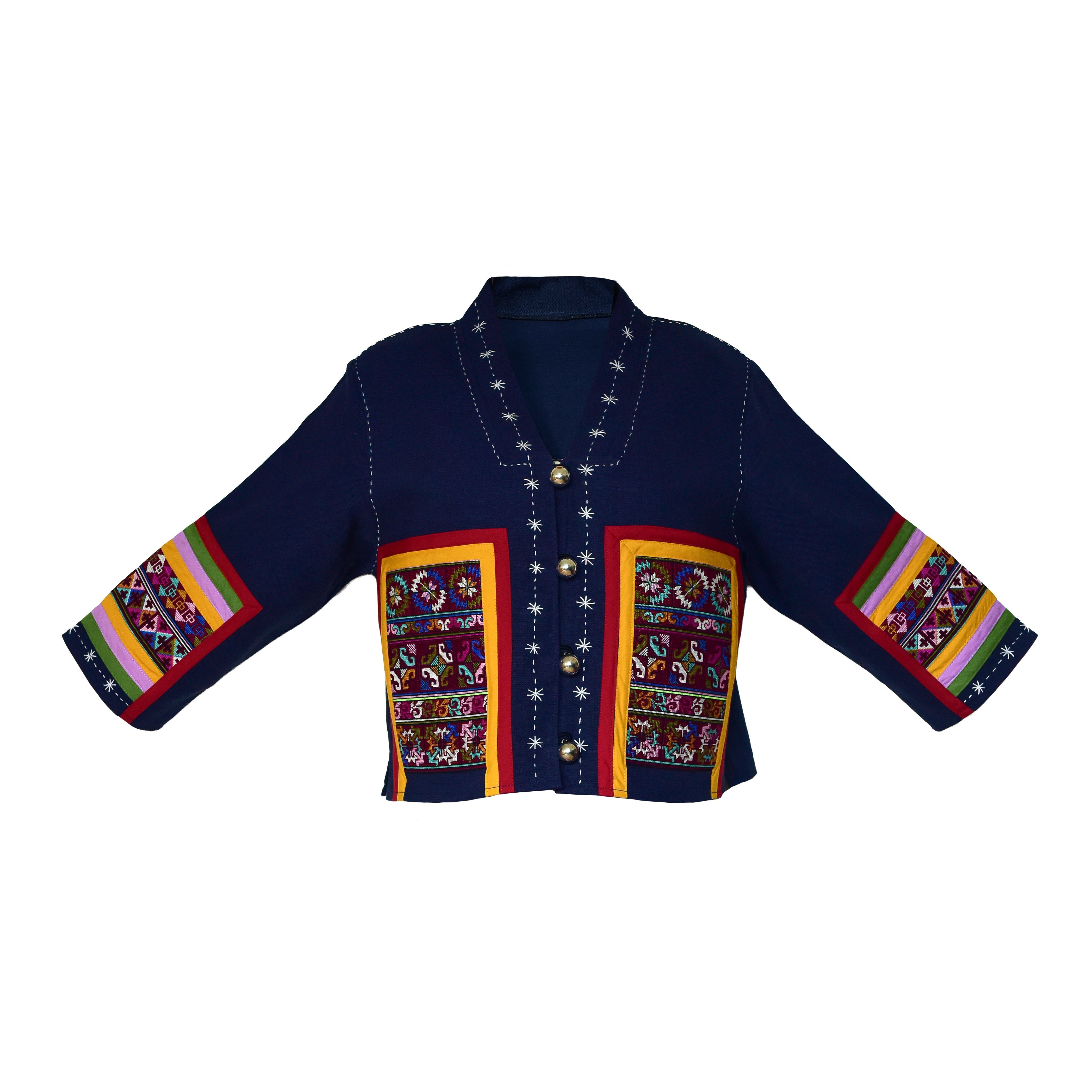 Handcrafted Modern-Style Hmong Hemp Button Jacket Embroidered Navy Blue from Chiang Mai Thailand - Lalanna Design