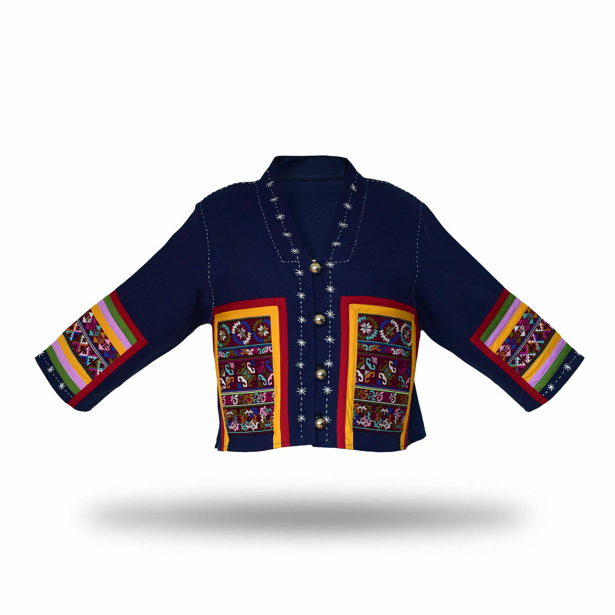 Handcrafted Modern-Style Hmong Hemp Button Jacket Embroidered Navy Blue from Chiang Mai Thailand - Lalanna Design