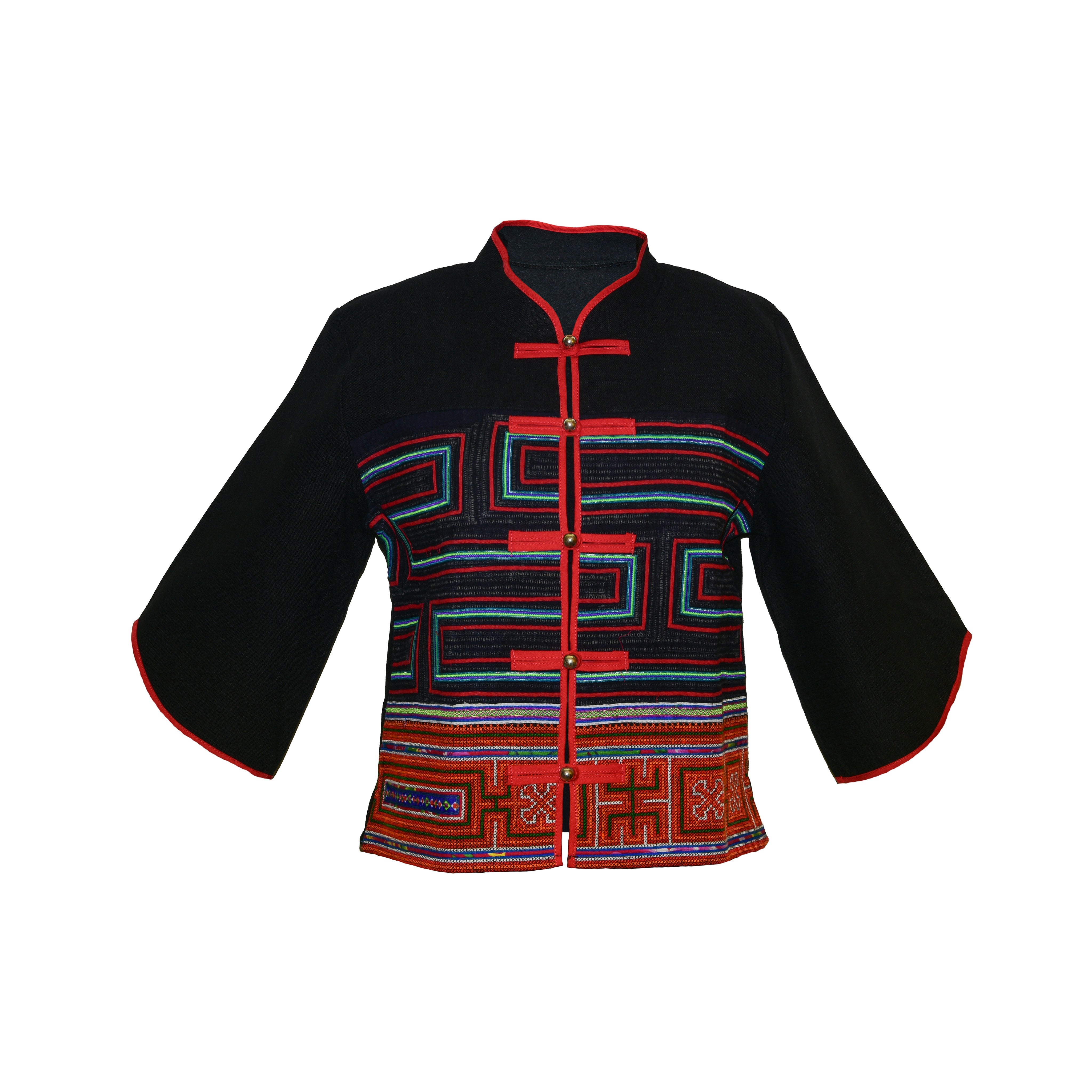 Handcrafted Modern-Style Hmong Hemp Button Jacket Hand-Embroidered Black from Chiang Mai Thailand - Lalanna Design