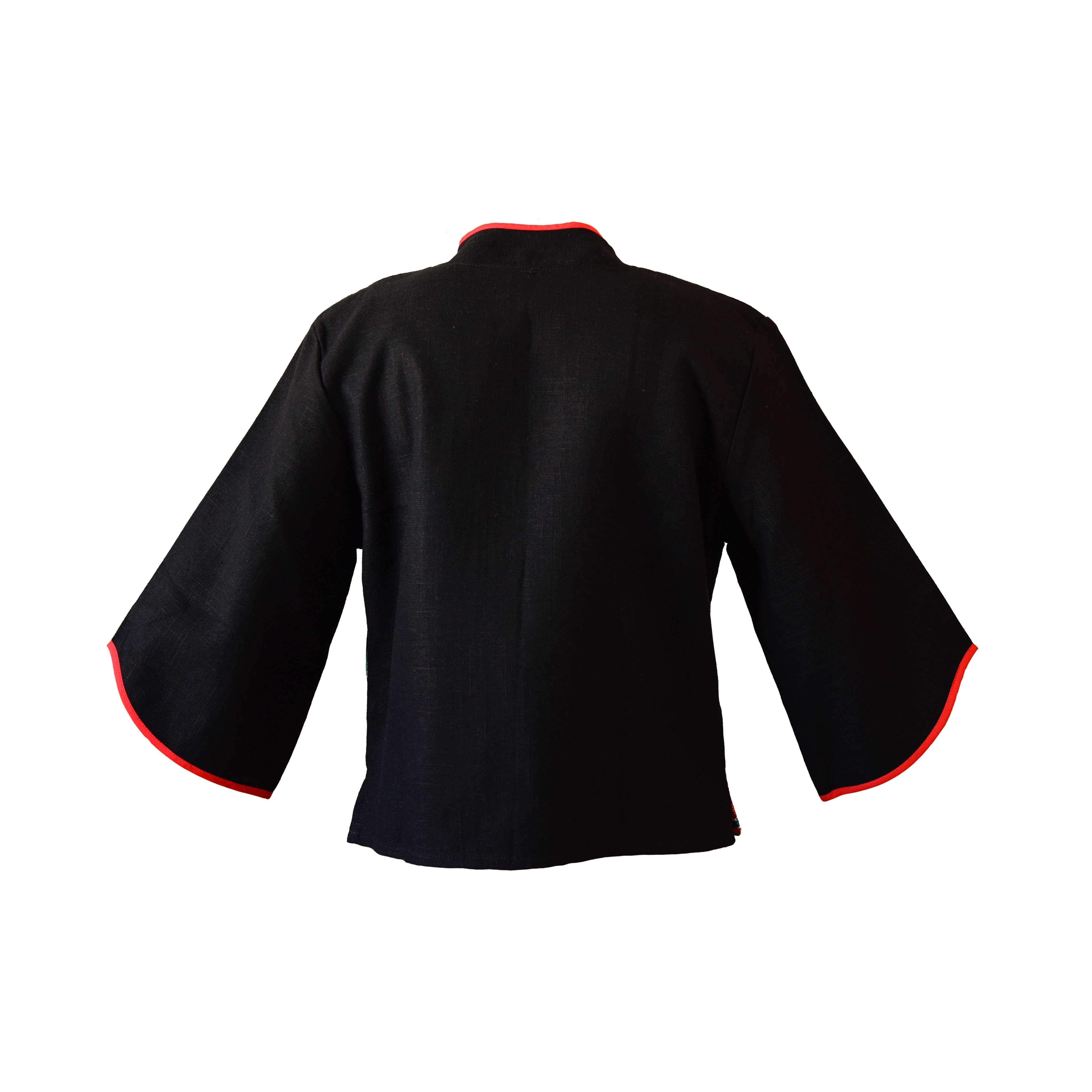 Handcrafted Modern-Style Hmong Hemp Button Jacket Hand-Embroidered Black from Chiang Mai Thailand - Lalanna Design