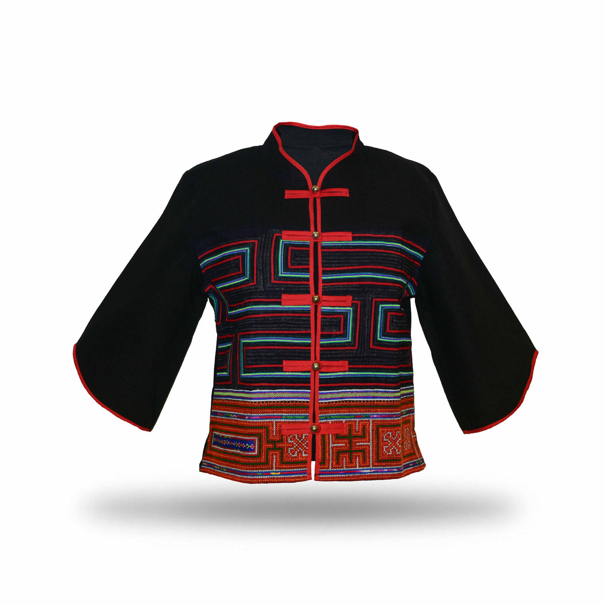 Handcrafted Modern-Style Hmong Hemp Button Jacket Hand-Embroidered Black from Chiang Mai Thailand - Lalanna Design