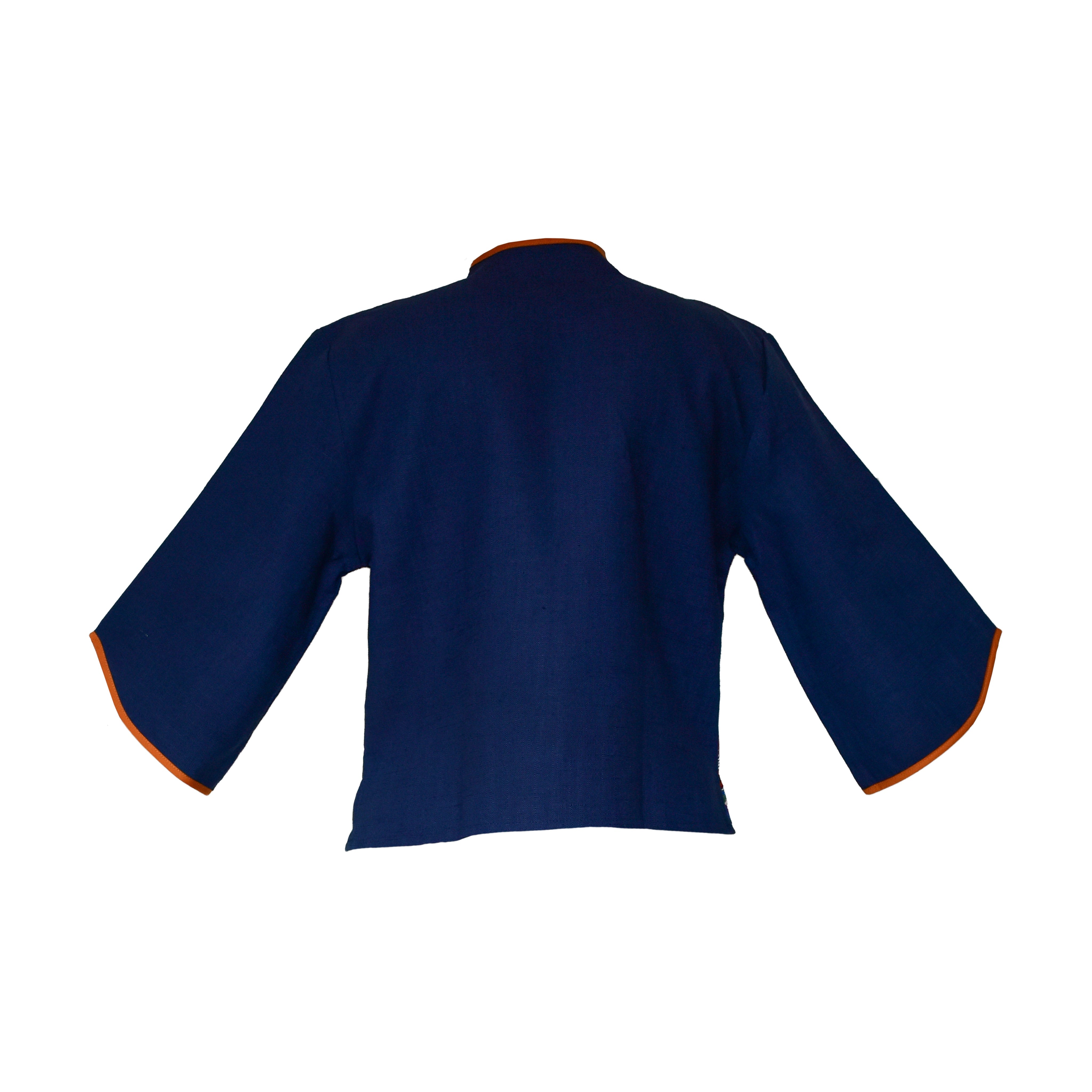 Handcrafted Modern-Style Hmong Hemp Button Jacket Hand-Embroidered Dark Blue from Chiang Mai Thailand - Lalanna Design