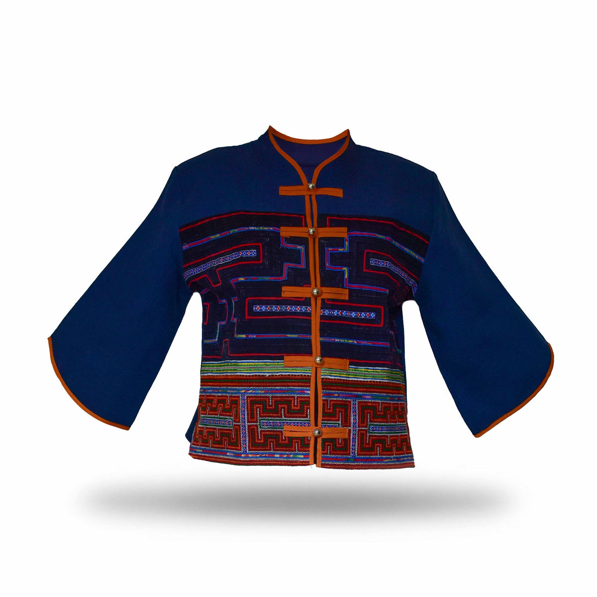 Handcrafted Modern-Style Hmong Hemp Button Jacket Hand-Embroidered Dark Blue from Chiang Mai Thailand - Lalanna Design