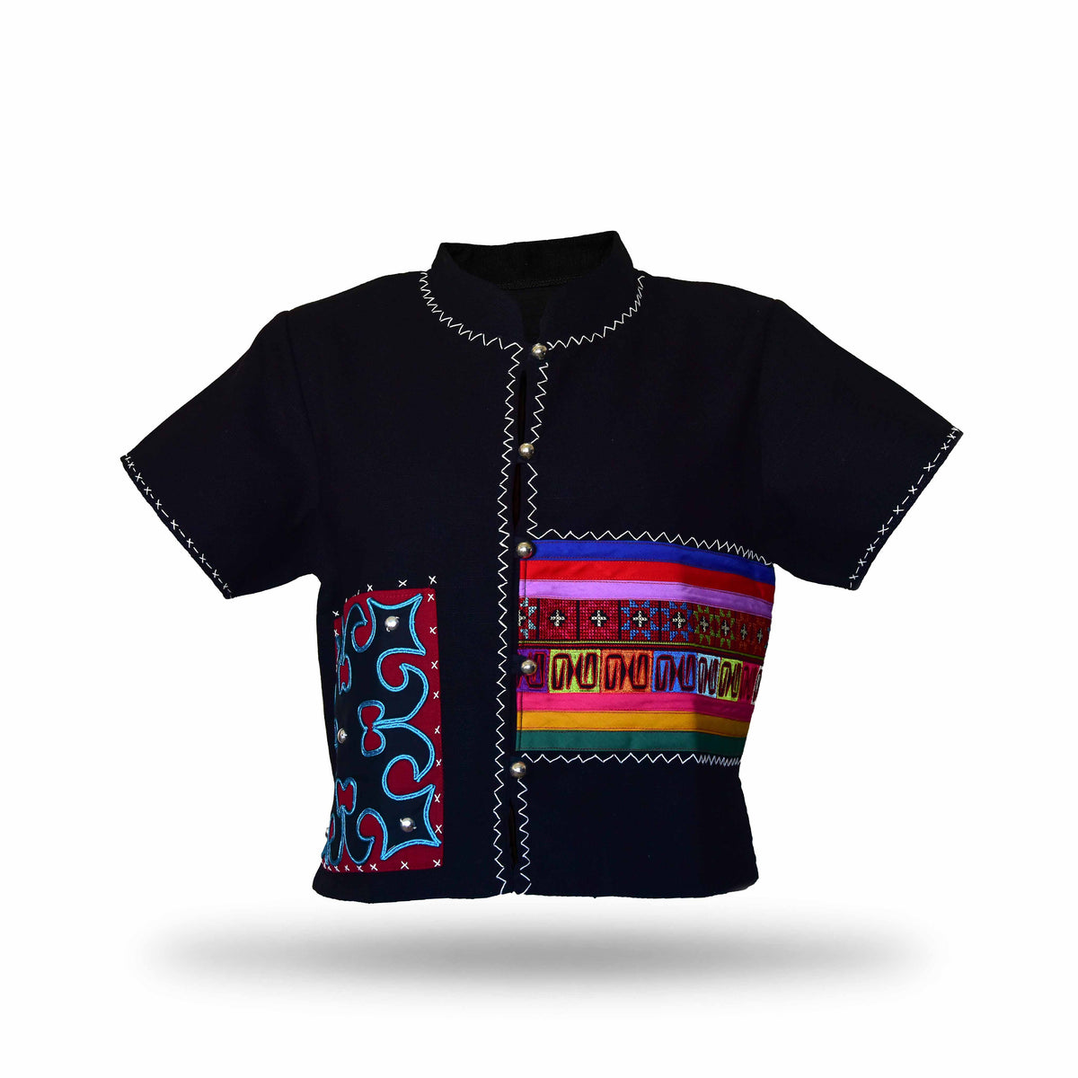 Handcrafted Modern-Style Hmong Hemp Cropped Top Black with Rainbow Embroidery Band from Chiang Mai Thailand - Lalanna Design