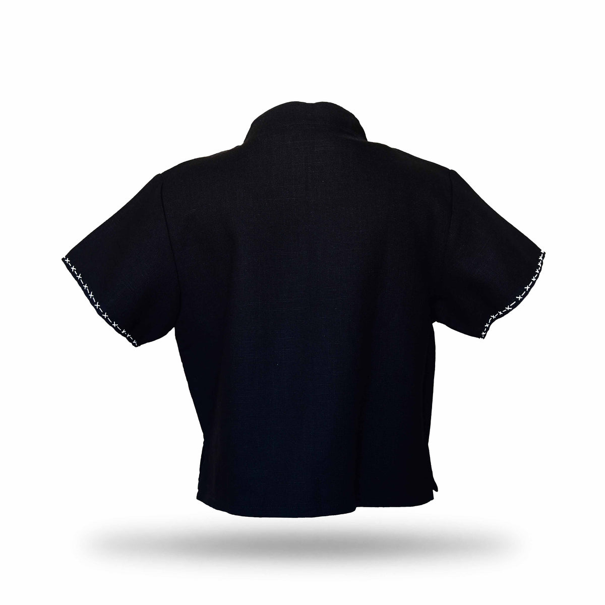 Handcrafted Modern-Style Hmong Hemp Cropped Top Black with Rainbow Embroidery Band from Chiang Mai Thailand - Lalanna Design