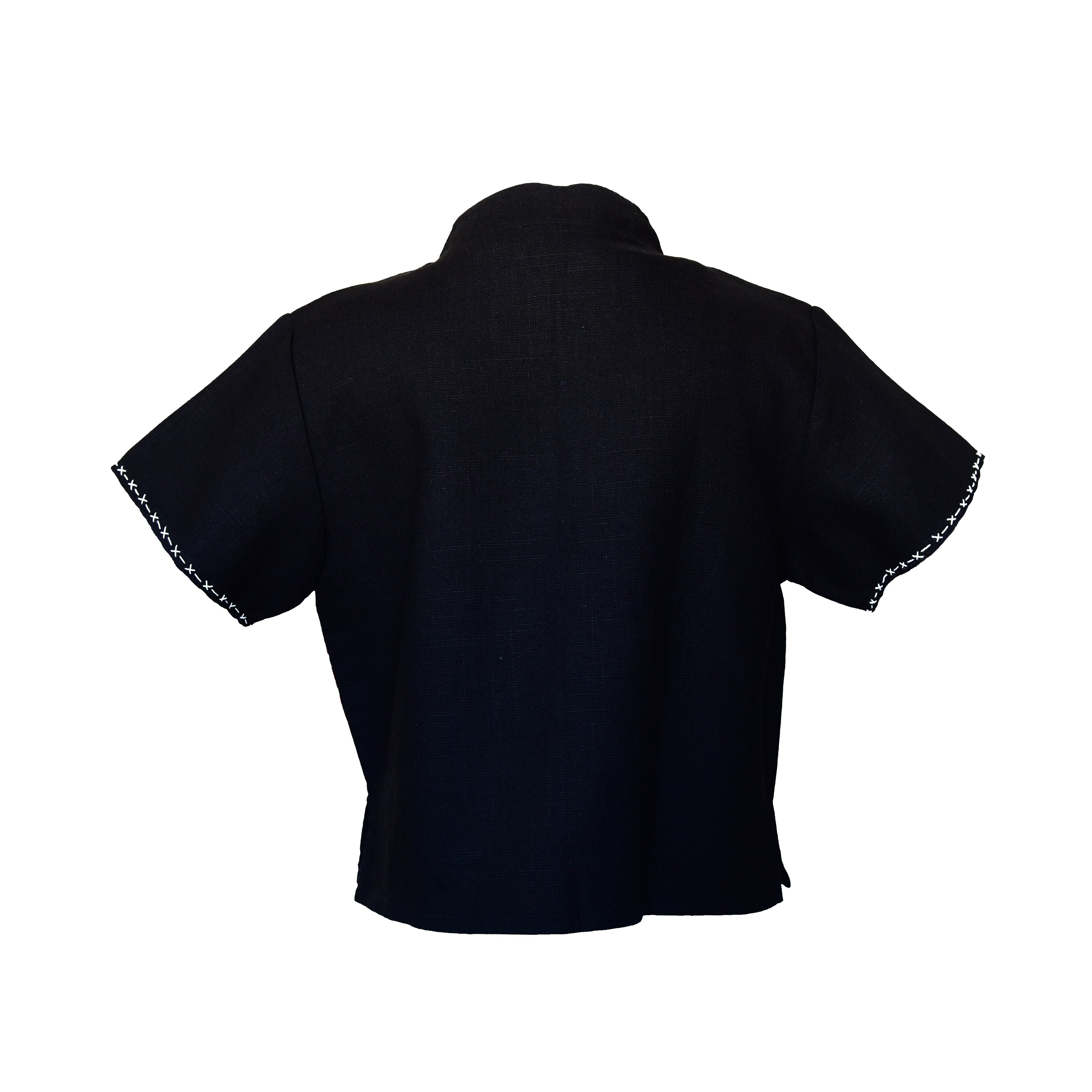 Handcrafted Modern-Style Hmong Hemp Cropped Top Black with Rainbow Embroidery Band from Chiang Mai Thailand - Lalanna Design