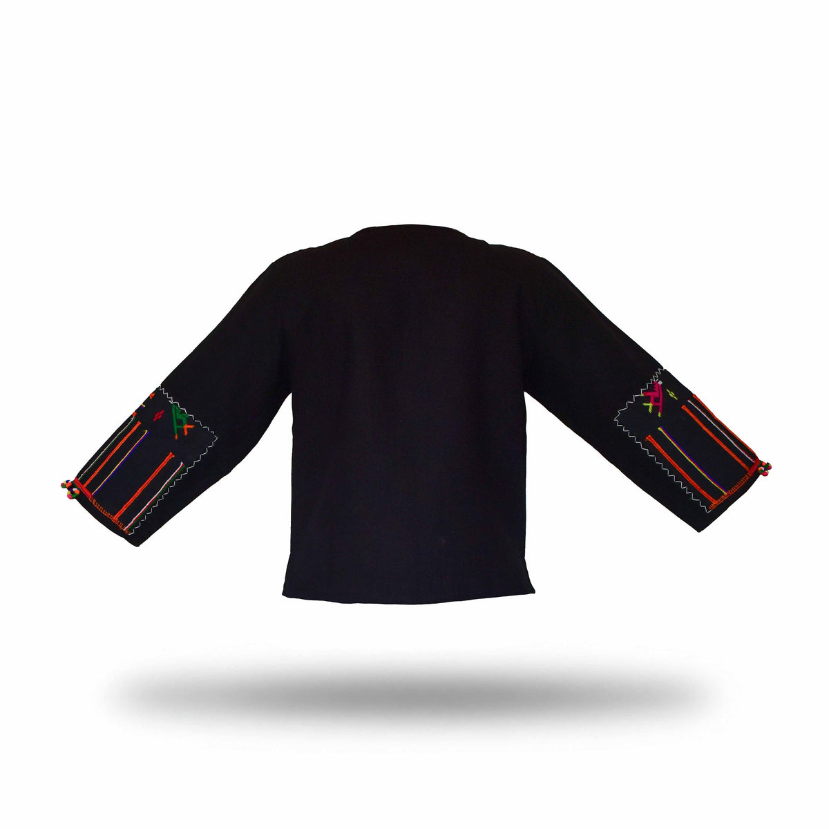 Handcrafted Modern-Style Hmong Hemp Jacket Black with Embroidery Panel and Matching Sleeve Cuffs from Chiang Mai Thailand - Lalanna Design