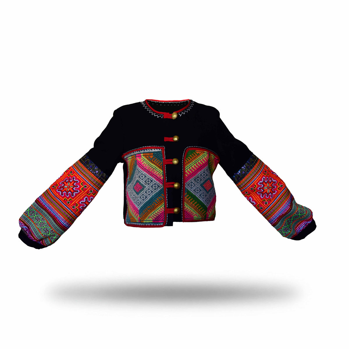 Handcrafted Modern-Style Hmong Hemp Jacket Black with Extensive Tribal Embroidery on Front and Sleeves from Chiang Mai Thailand - Lalanna Design