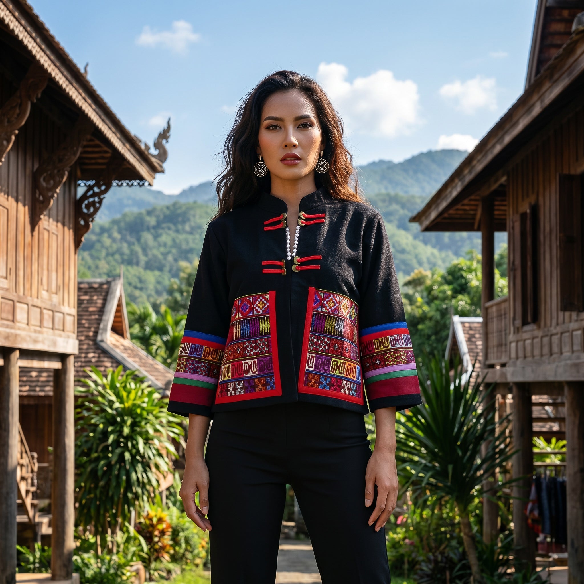 Handcrafted Modern-Style Hmong Hemp Jacket Black with Large Dual Front Panels and Red Frog Buttons from Chiang Mai Thailand - Lalanna Design