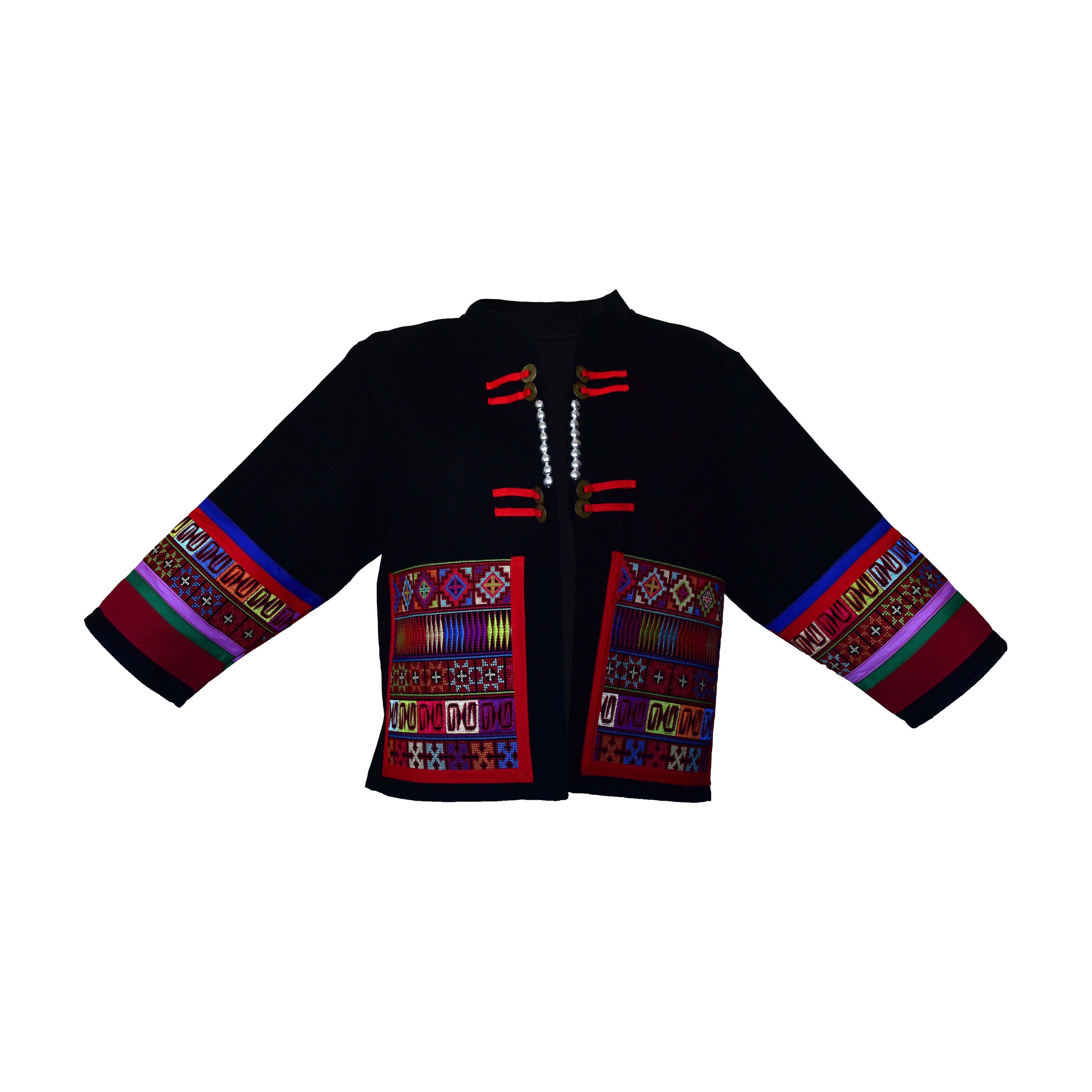 Handcrafted Modern-Style Hmong Hemp Jacket Black with Large Dual Front Panels and Red Frog Buttons from Chiang Mai Thailand - Lalanna Design