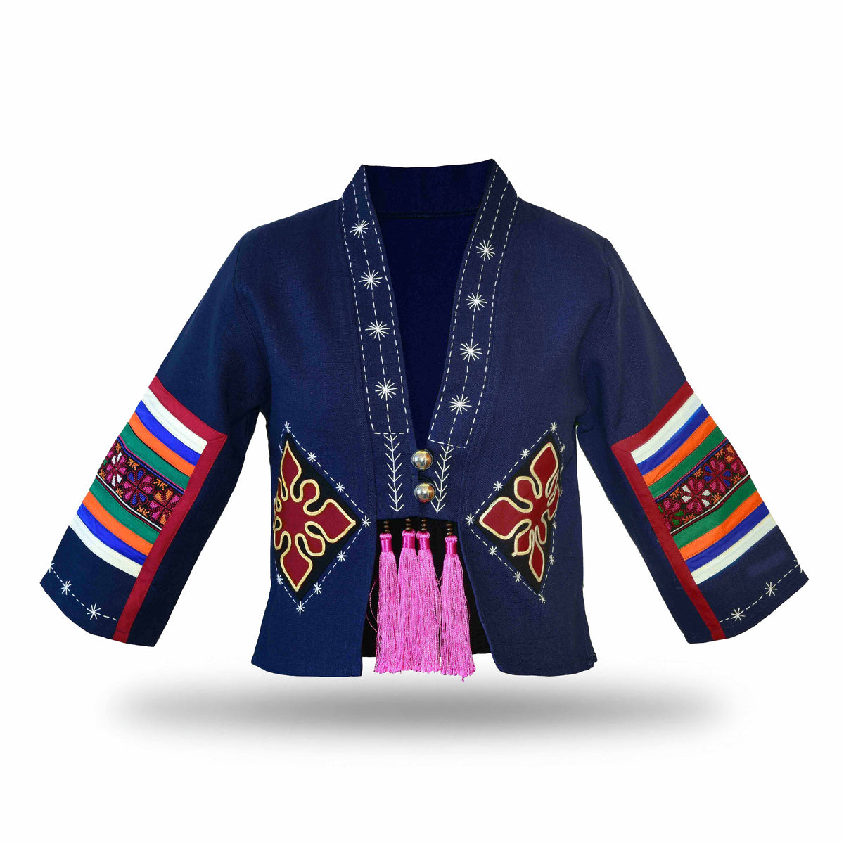 Handcrafted Modern-Style Hmong Hemp Jacket Hand Decorative Stitch Embroidery Navy Blue from Chiang Mai Thailand - Lalanna Design