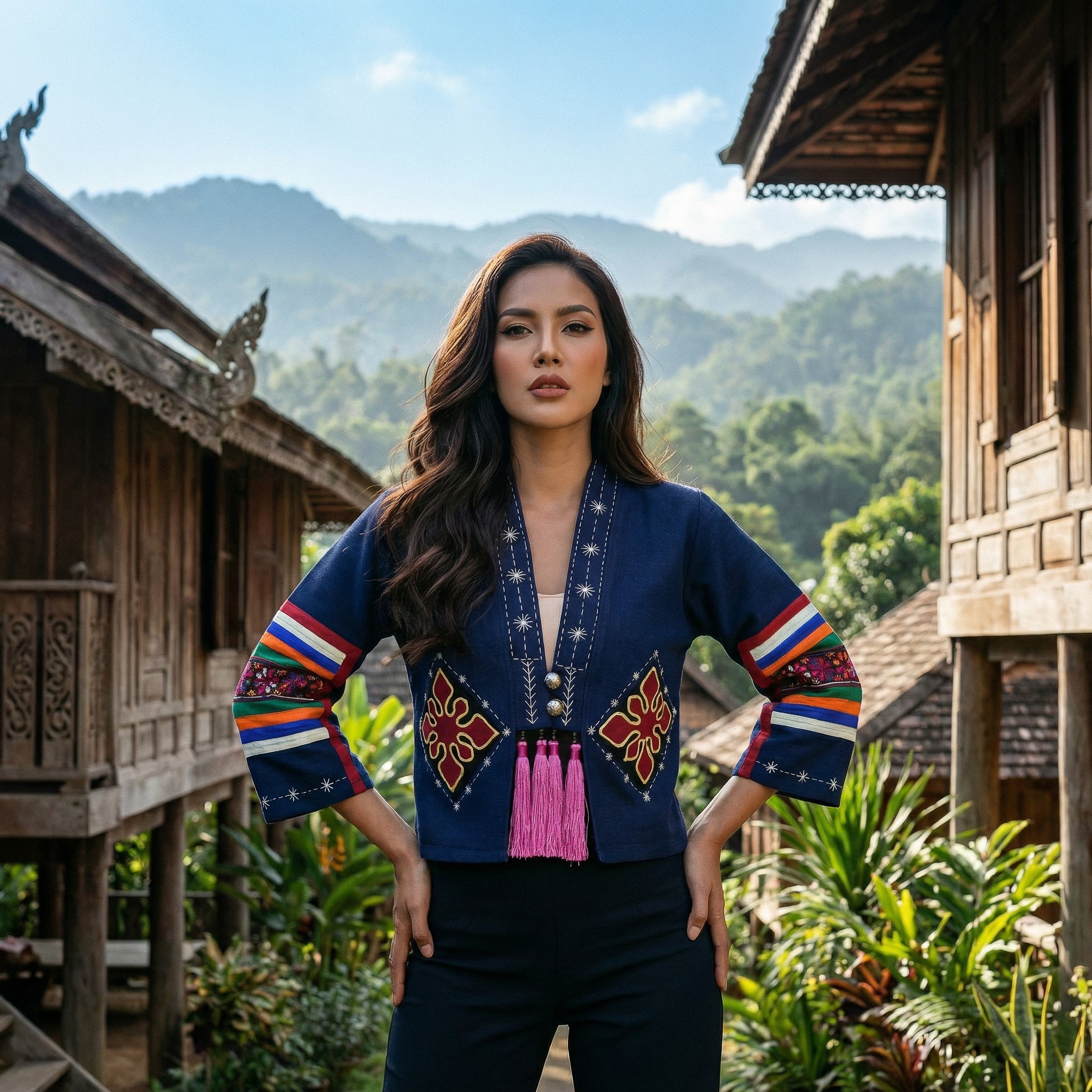 Handcrafted Modern-Style Hmong Hemp Jacket Hand Decorative Stitch Embroidery Navy Blue from Chiang Mai Thailand - Lalanna Design