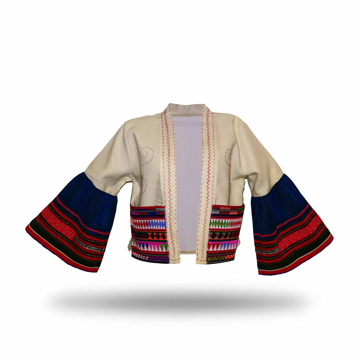 Handcrafted Modern-Style Hmong Hemp Jacket Hand-Embroidered Beige from Chiang Mai Thailand - Lalanna Design