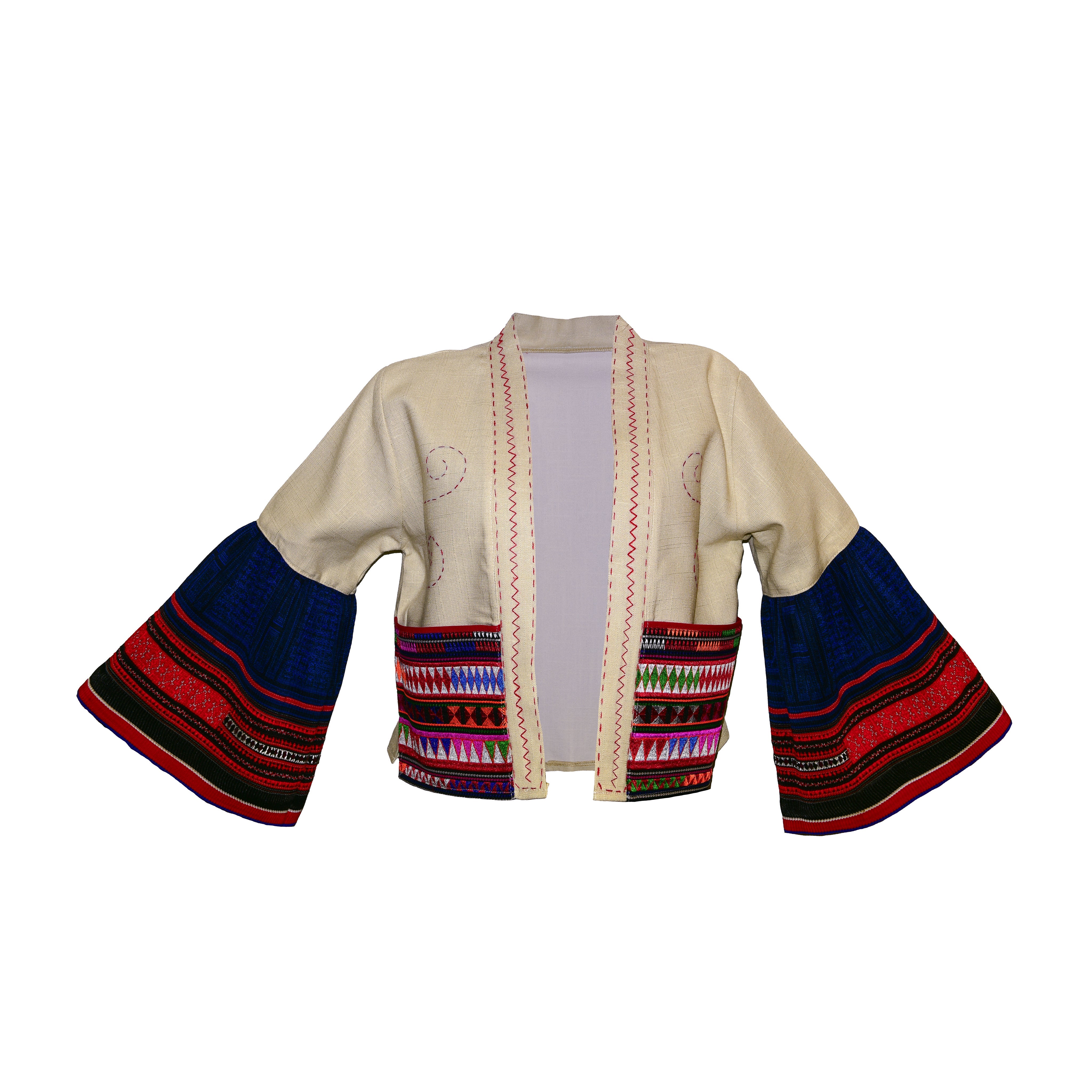 Handcrafted Modern-Style Hmong Hemp Jacket Hand-Embroidered Beige from Chiang Mai Thailand - Lalanna Design