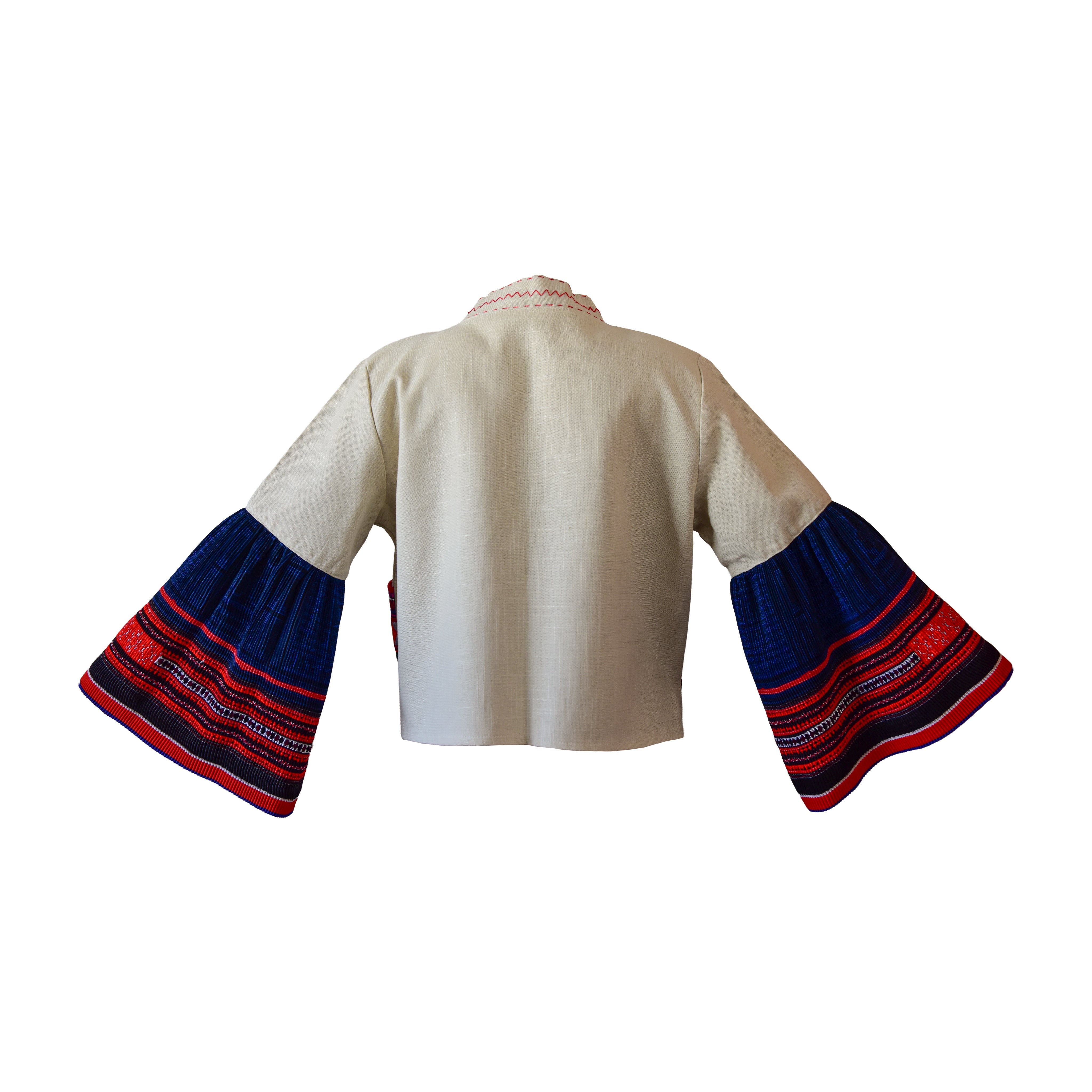 Handcrafted Modern-Style Hmong Hemp Jacket Hand-Embroidered Beige from Chiang Mai Thailand - Lalanna Design