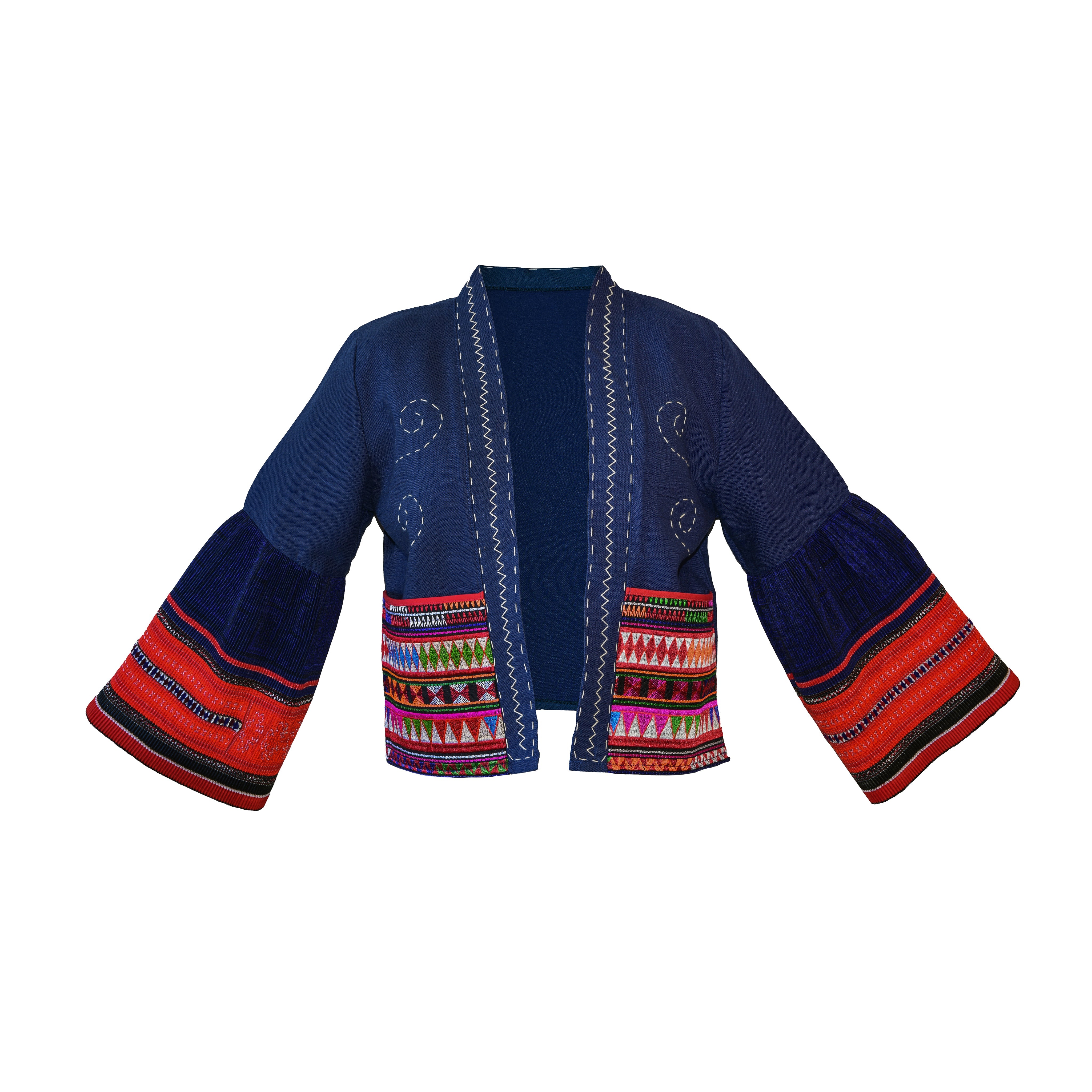 Handcrafted Modern-Style Hmong Hemp Jacket Hand-Embroidered Dark Blue from Chiang Mai Thailand - Lalanna Design