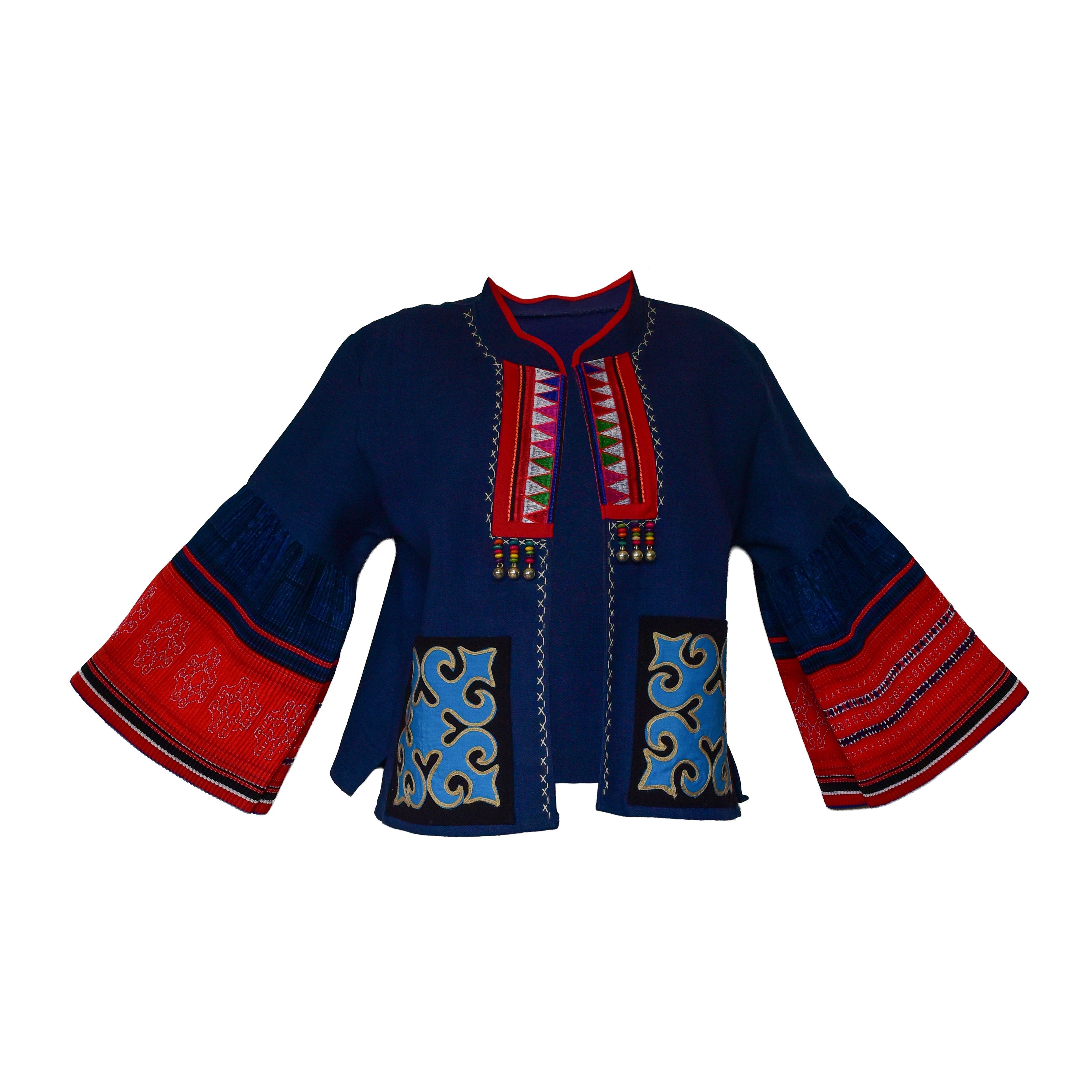 Handcrafted Modern-Style Hmong Hemp Jacket Hand-Embroidered Dark Blue with Iu Mien Pattern from Chiang Mai Thailand - Lalanna Design