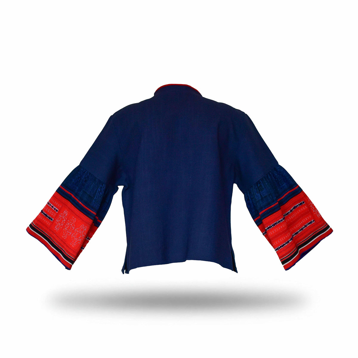 Handcrafted Modern-Style Hmong Hemp Jacket Hand-Embroidered Dark Blue with Iu Mien Pattern from Chiang Mai Thailand - Lalanna Design