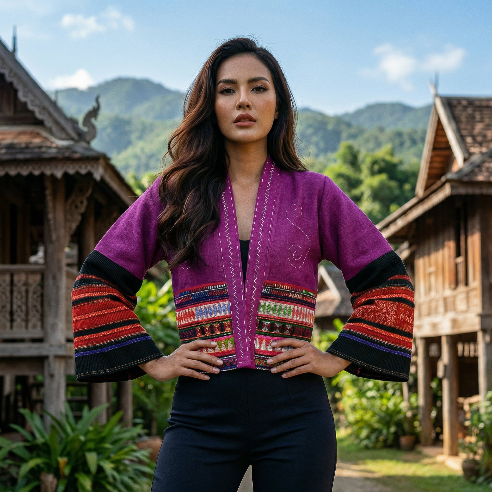 Handcrafted Modern-Style Hmong Hemp Jacket Hand-Embroidered Pink from Chiang Mai Thailand - Lalanna Design