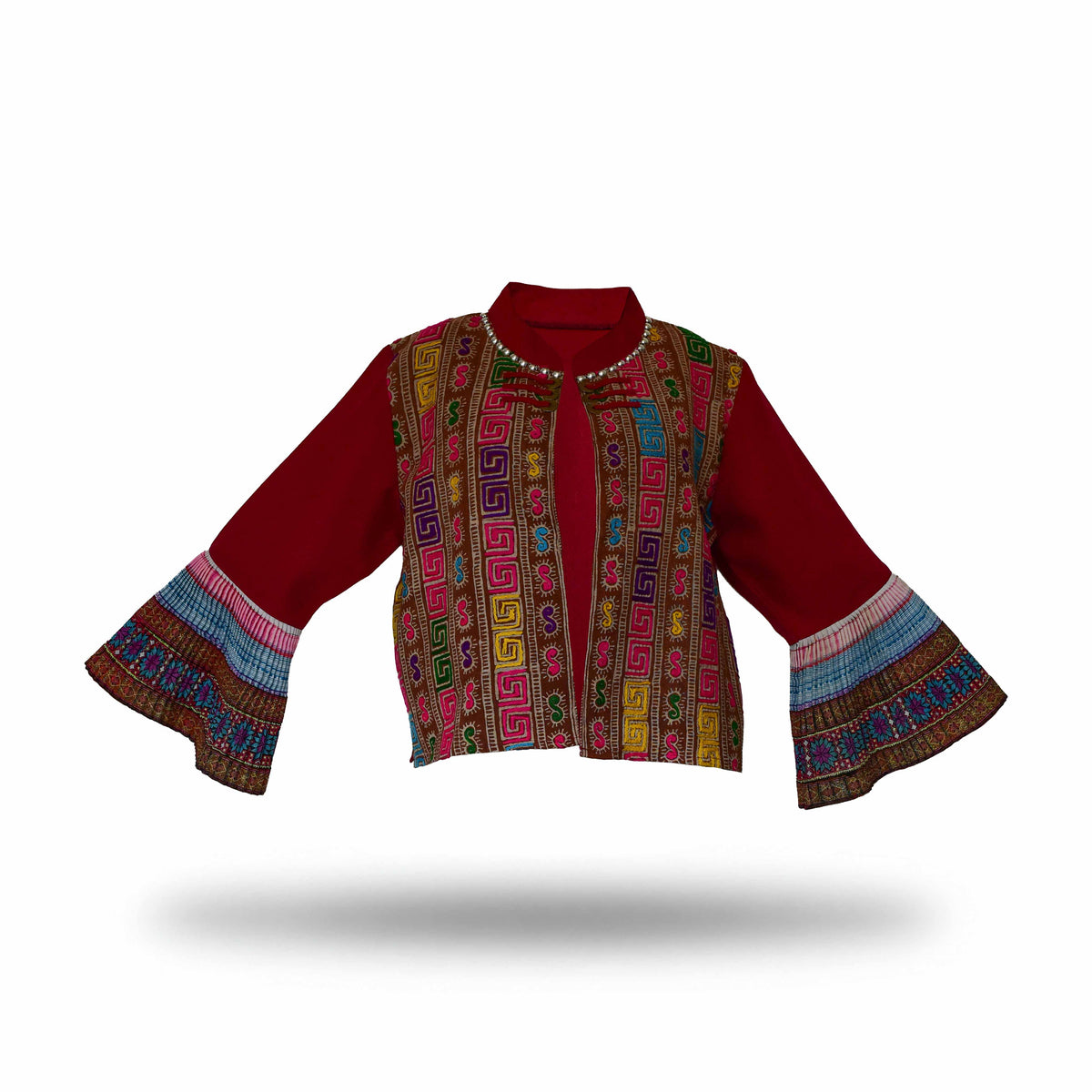 Handcrafted Modern-Style Hmong Hemp Jacket with Embroidery Panels and Bell Sleeves from Chiang Mai Thailand - Lalanna Design