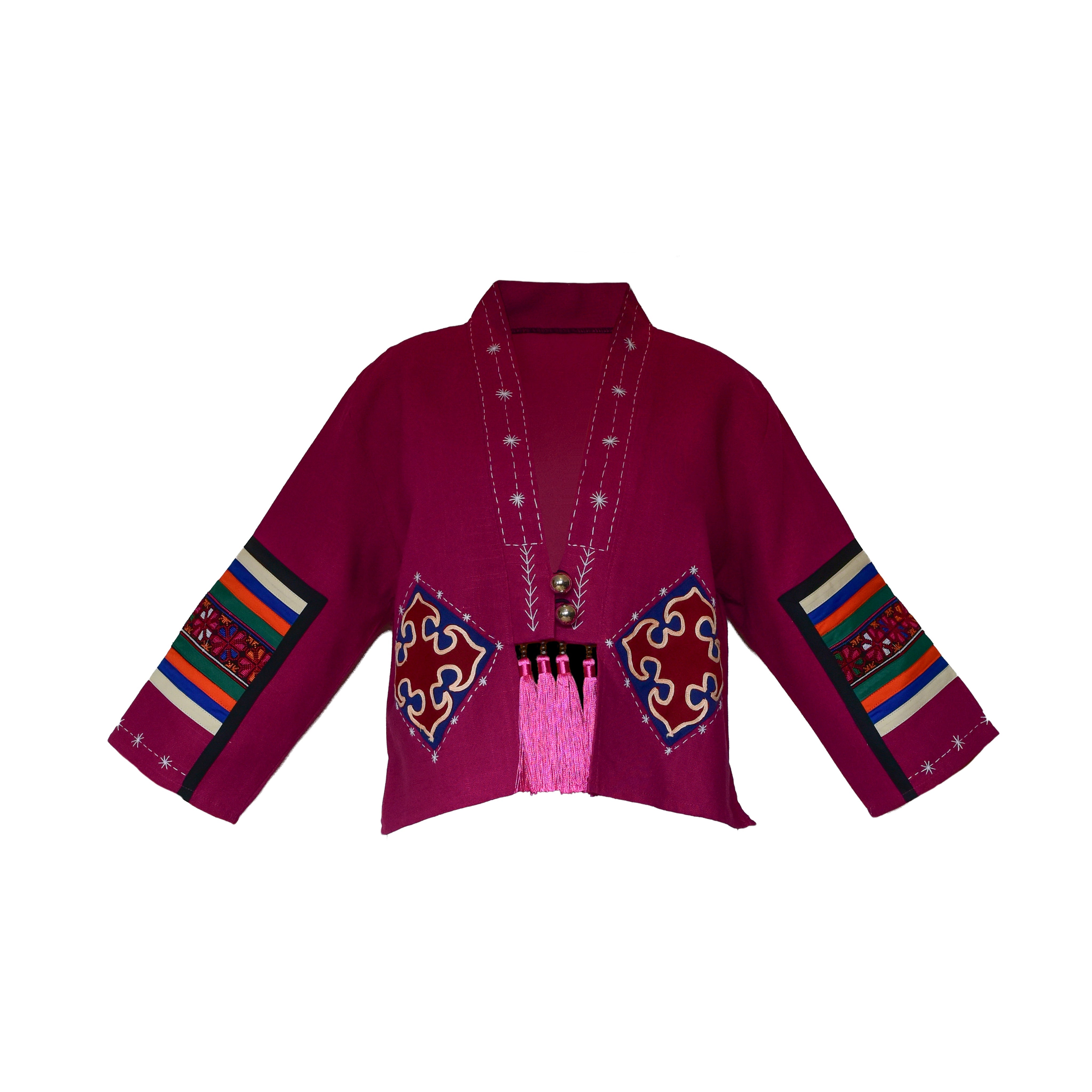 Handcrafted Modern-Style Hmong Hemp Jacket with Hand Decorative Stitch Embroidery Pink from Chiang Mai Thailand - Lalanna Design