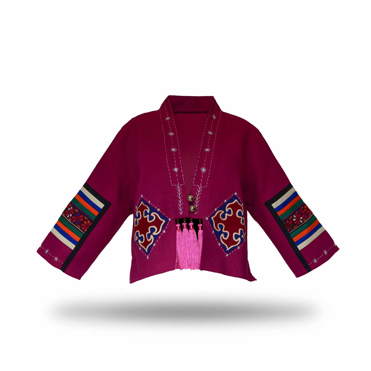 Handcrafted Modern-Style Hmong Hemp Jacket with Hand Decorative Stitch Embroidery Pink from Chiang Mai Thailand - Lalanna Design