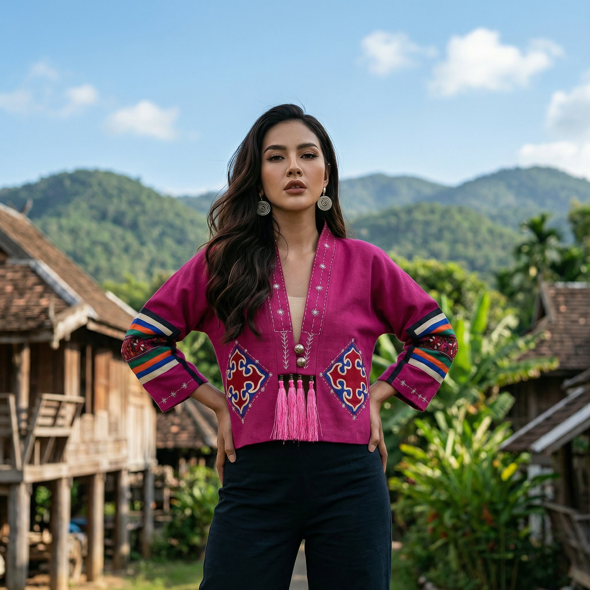 Handcrafted Modern-Style Hmong Hemp Jacket with Hand Decorative Stitch Embroidery Pink from Chiang Mai Thailand - Lalanna Design