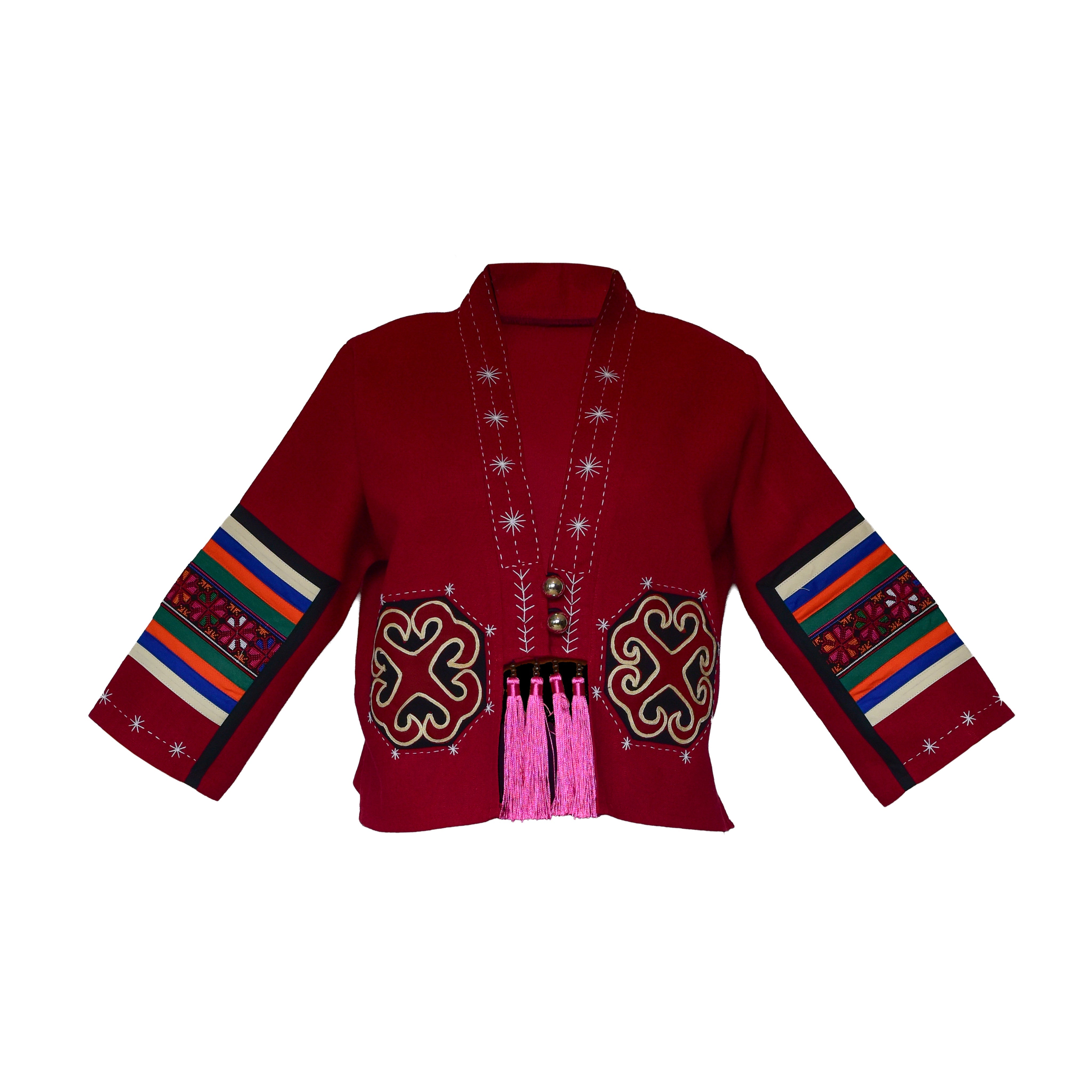 Handcrafted Modern-Style Hmong Hemp Jacket with Hand Decorative Stitch Embroidery Red from Chiang Mai Thailand - Lalanna Design