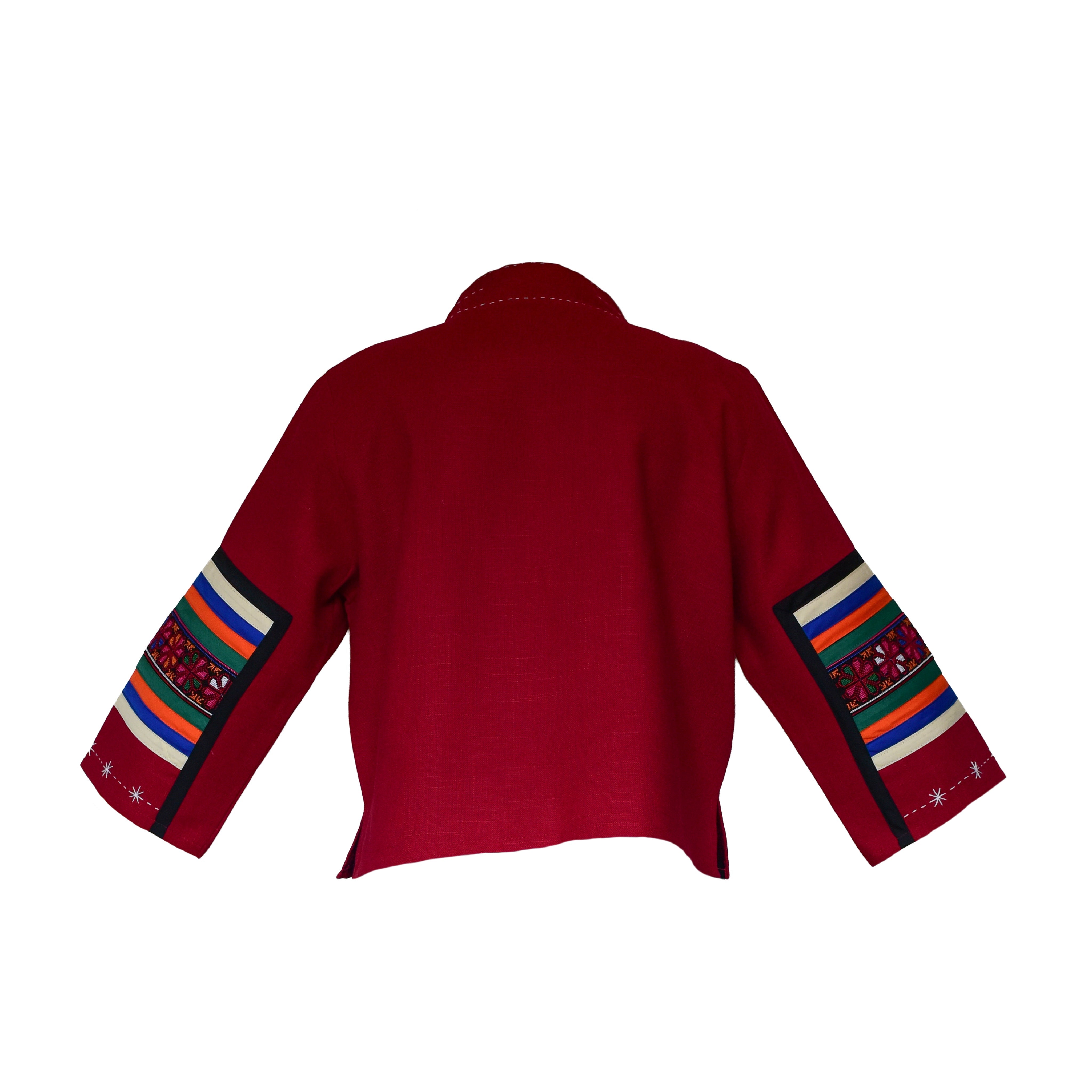Handcrafted Modern-Style Hmong Hemp Jacket with Hand Decorative Stitch Embroidery Red from Chiang Mai Thailand - Lalanna Design