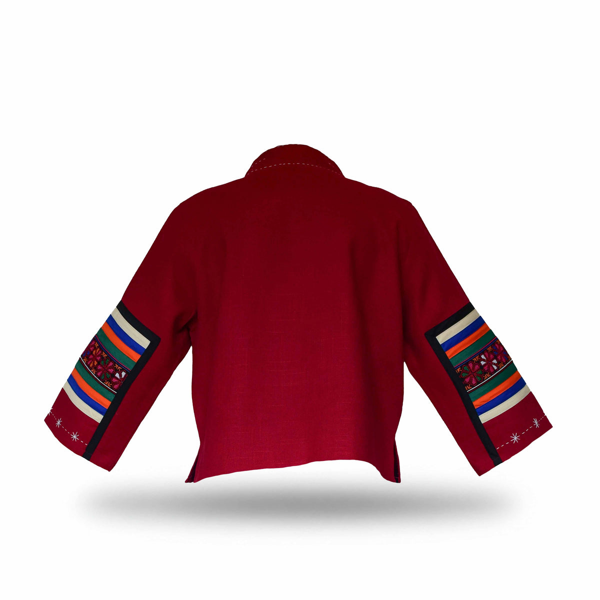 Handcrafted Modern-Style Hmong Hemp Jacket with Hand Decorative Stitch Embroidery Red from Chiang Mai Thailand - Lalanna Design