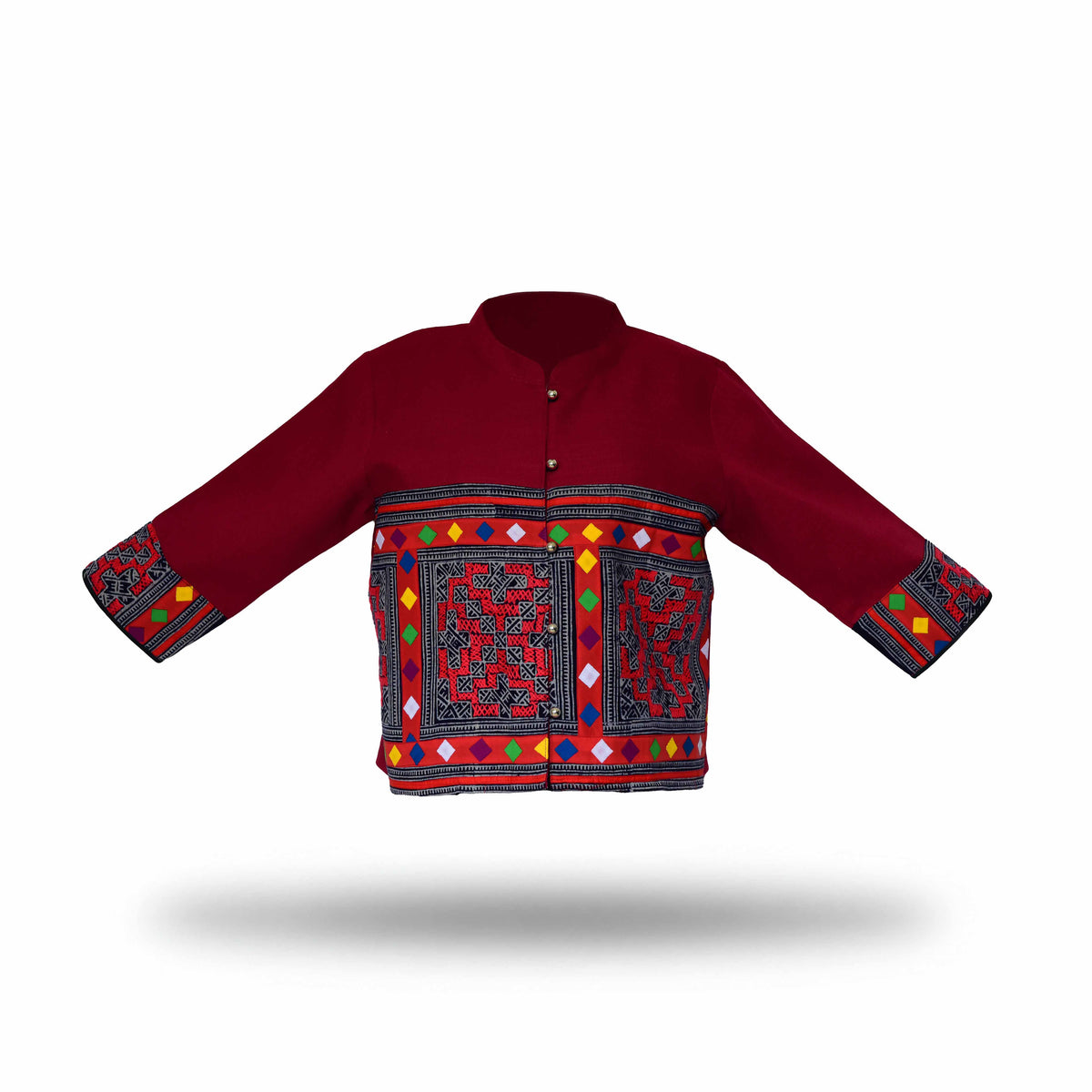 Handcrafted Modern-Style Hmong Hemp Jacket with Multicolor Geometric Embroidery Band and Matching Sleeve Cuffs from Chiang Mai Thailand - Lalanna Design