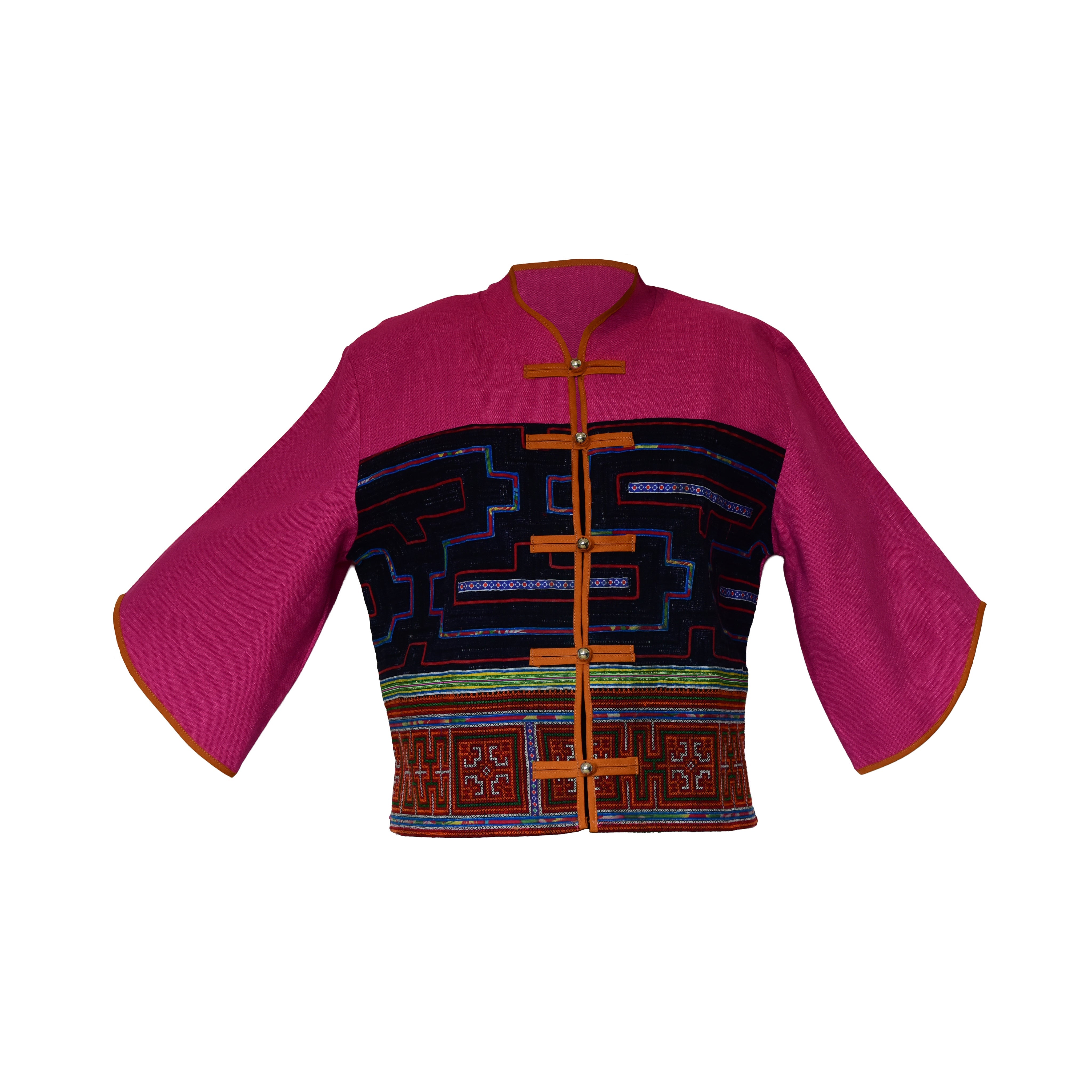 Handcrafted Modern-Style Hmong Hemp Jacket with Multicolor Geometric Pattern Band from Chiang Mai Thailand - Lalanna Design