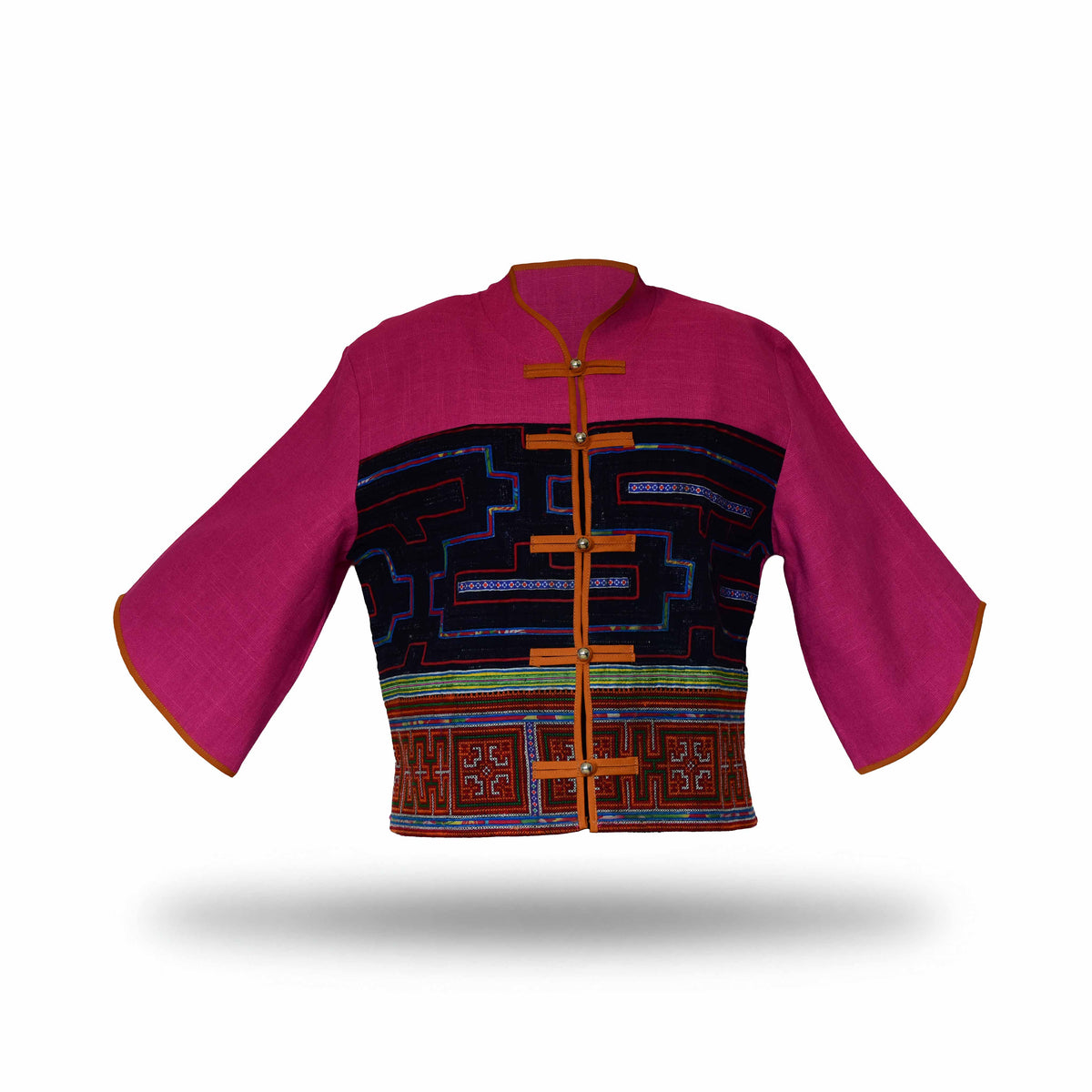 Handcrafted Modern-Style Hmong Hemp Jacket with Multicolor Geometric Pattern Band from Chiang Mai Thailand - Lalanna Design