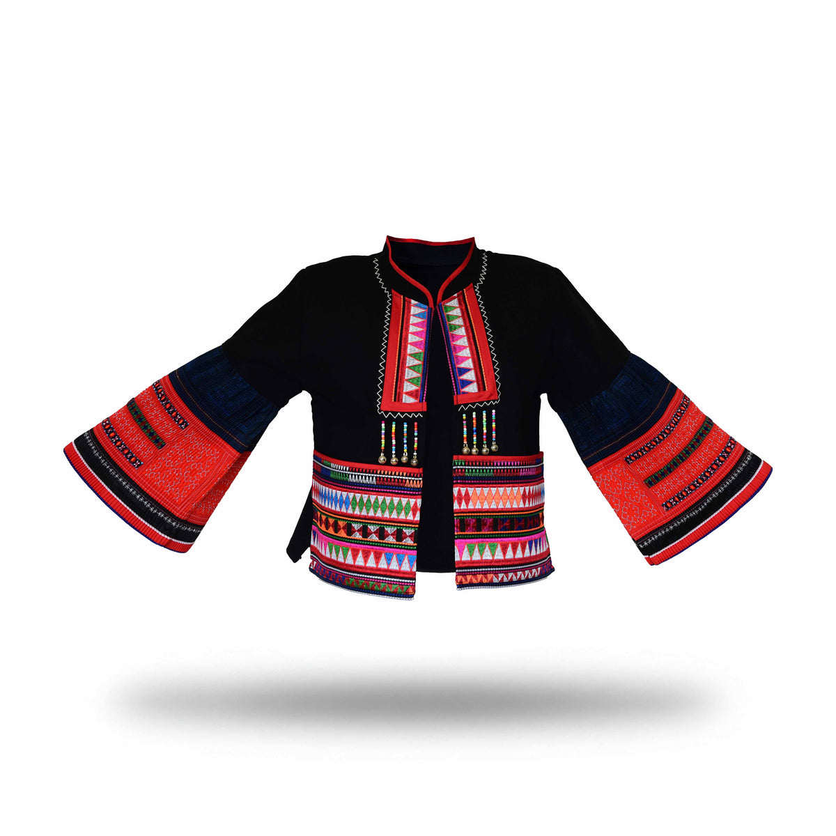 Handcrafted Modern-Style Hmong Hemp Jacket with Vibrant Multicolor Embroidery Panels and Bell Sleeves from Chiang Mai Thailand - Lalanna Design