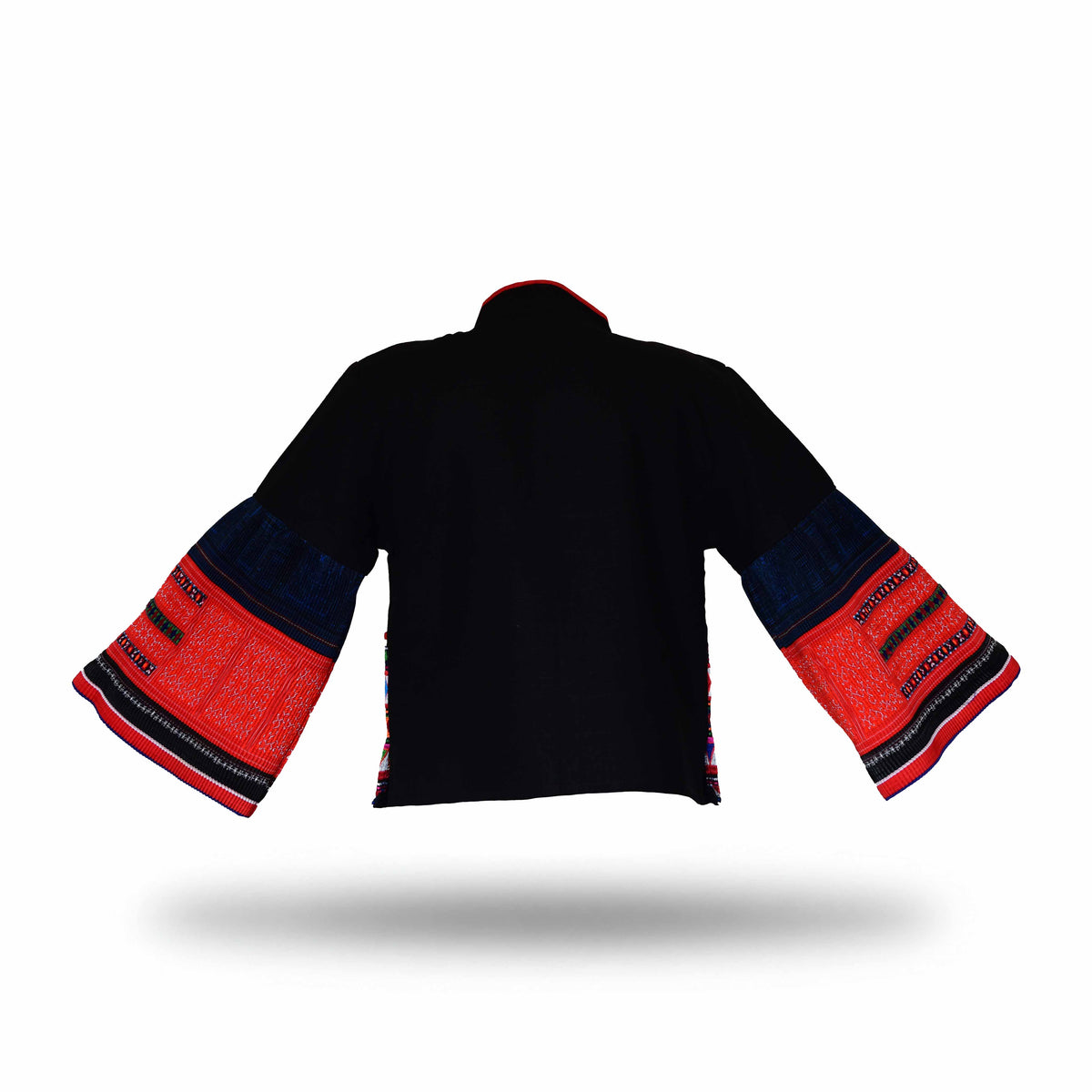 Handcrafted Modern-Style Hmong Hemp Jacket with Vibrant Multicolor Embroidery Panels and Bell Sleeves from Chiang Mai Thailand - Lalanna Design