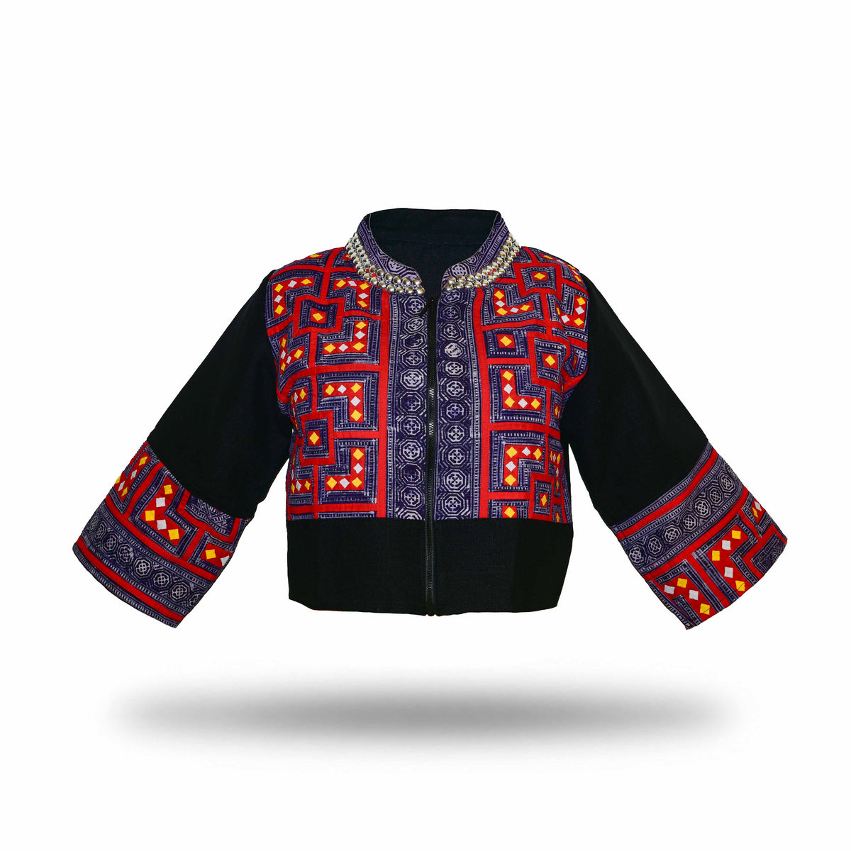Handcrafted Modern-Style Hmong Hemp Jacket with Zip Black from Chiang Mai Thailand - Lalanna Design