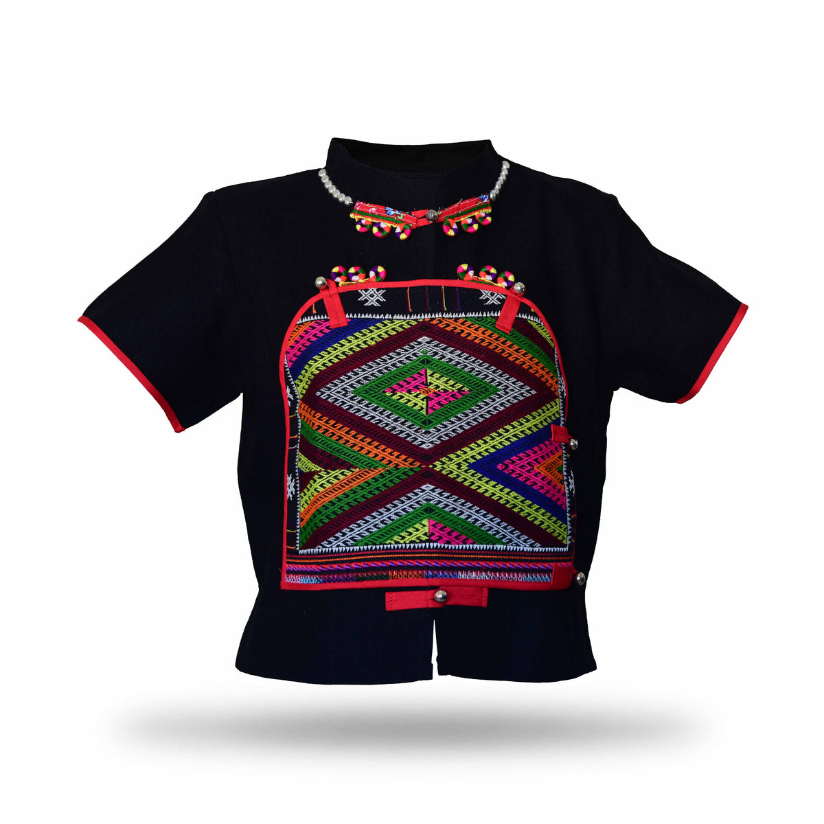 Handcrafted Modern-Style Hmong Hemp Top Black with Large Multicolor Geometric Embroidery Panel Short Sleeves from Chiang Mai Thailand - Lalanna Design