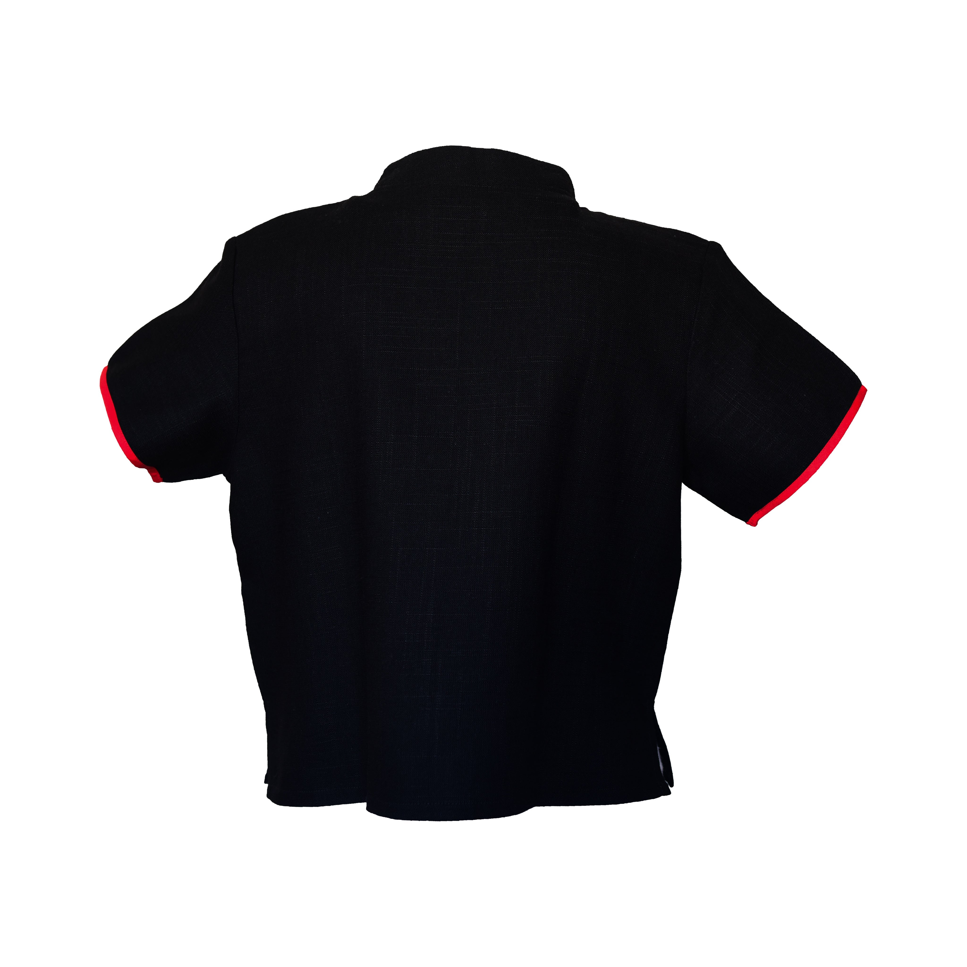 Handcrafted Modern-Style Hmong Hemp Top Black with Large Multicolor Geometric Embroidery Panel Short Sleeves from Chiang Mai Thailand - Lalanna Design