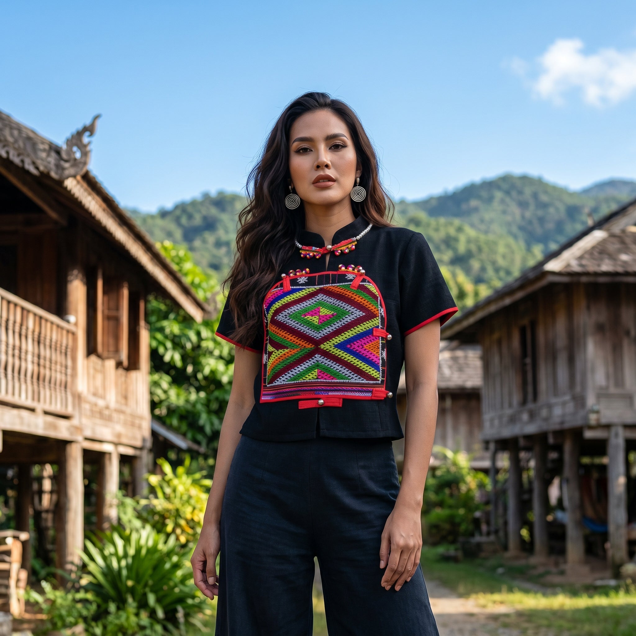 Handcrafted Modern-Style Hmong Hemp Top Black with Large Multicolor Geometric Embroidery Panel Short Sleeves from Chiang Rai Thailand - Lalanna Design