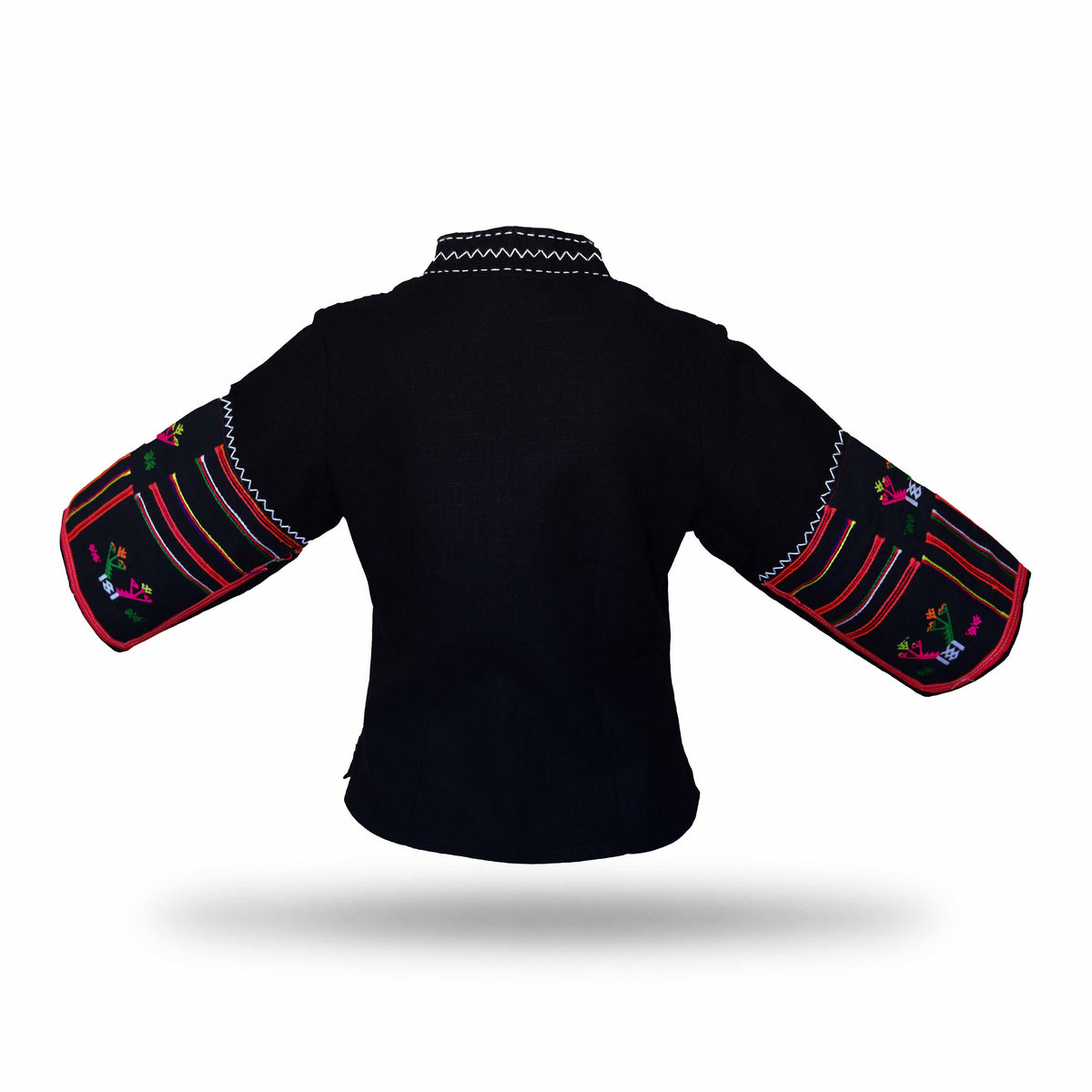 Handcrafted Modern-Style Hmong Hemp Top Black with Large Purple Red Swirl Embroidery V Neck Long-Sleeves from Chiang Mai Thailand - Lalanna Design
