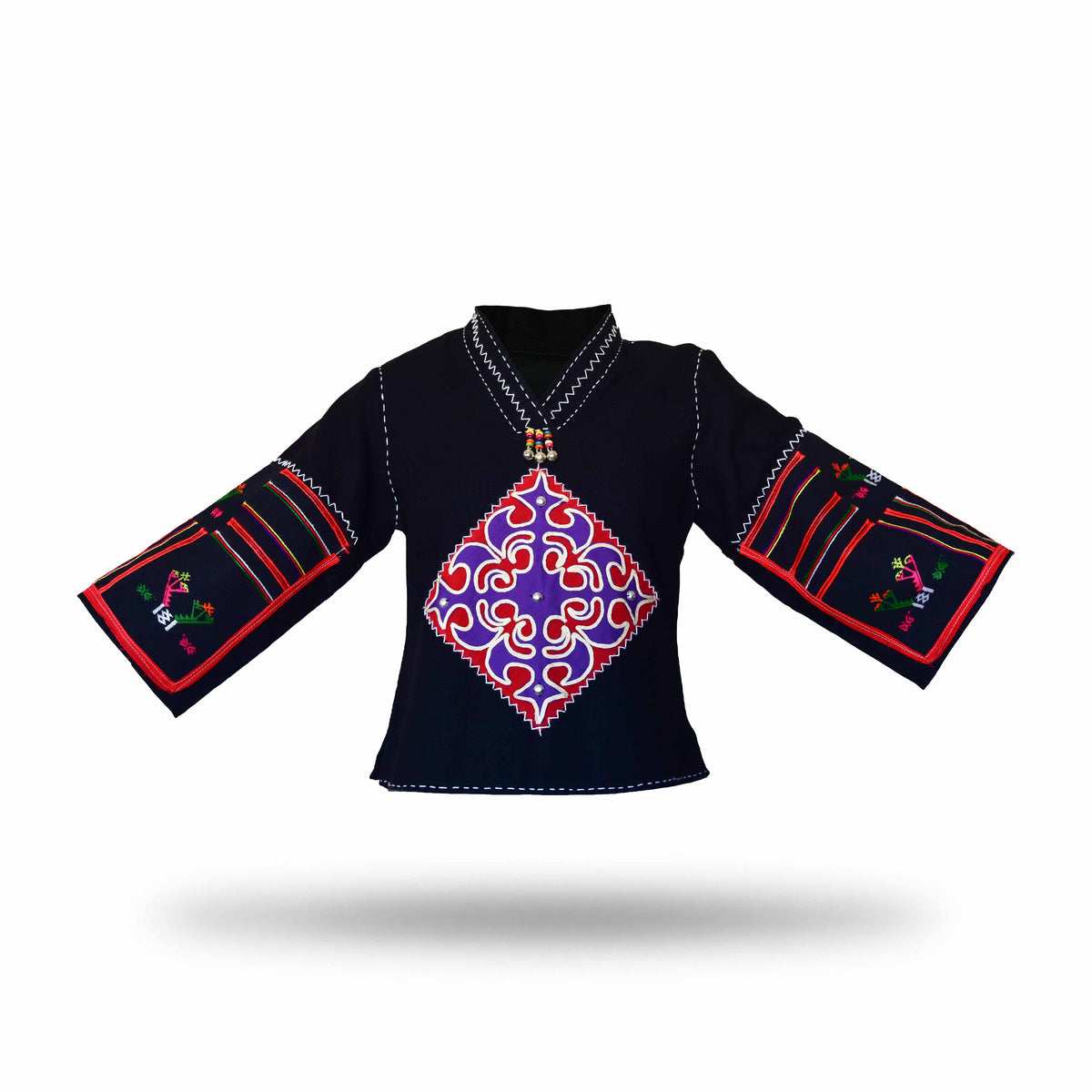 Handcrafted Modern-Style Hmong Hemp Top Black with Large Purple Red Swirl Embroidery V Neck Long-Sleeves from Chiang Mai Thailand - Lalanna Design