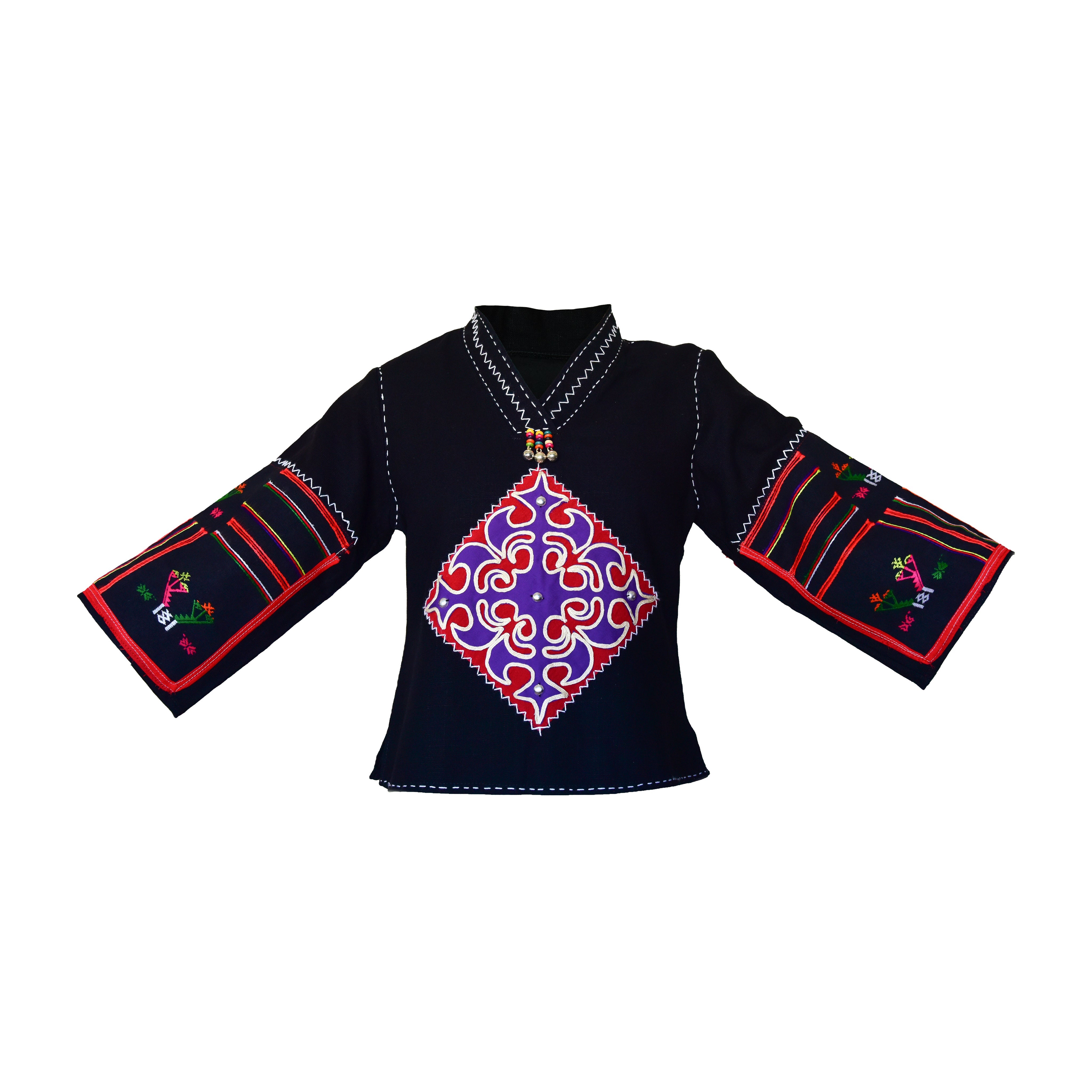 Handcrafted Modern-Style Hmong Hemp Top Black with Large Purple Red Swirl Embroidery V Neck Long-Sleeves from Chiang Rai Thailand - Lalanna Design
