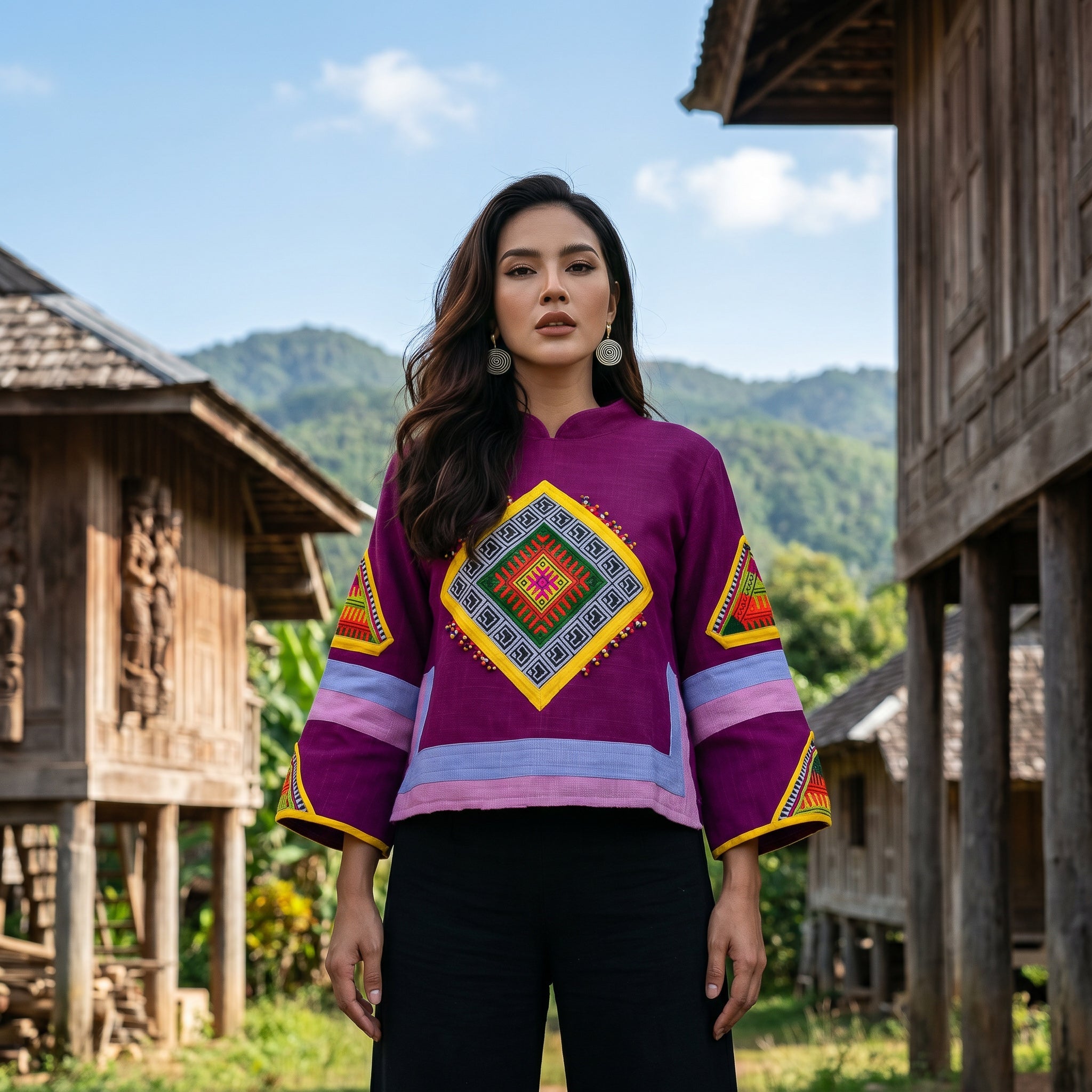 Handcrafted Modern-Style Hmong Hemp Top Magenta with Large Diamond Embroidery Panel from Chiang Rai Thailand - Lalanna Design
