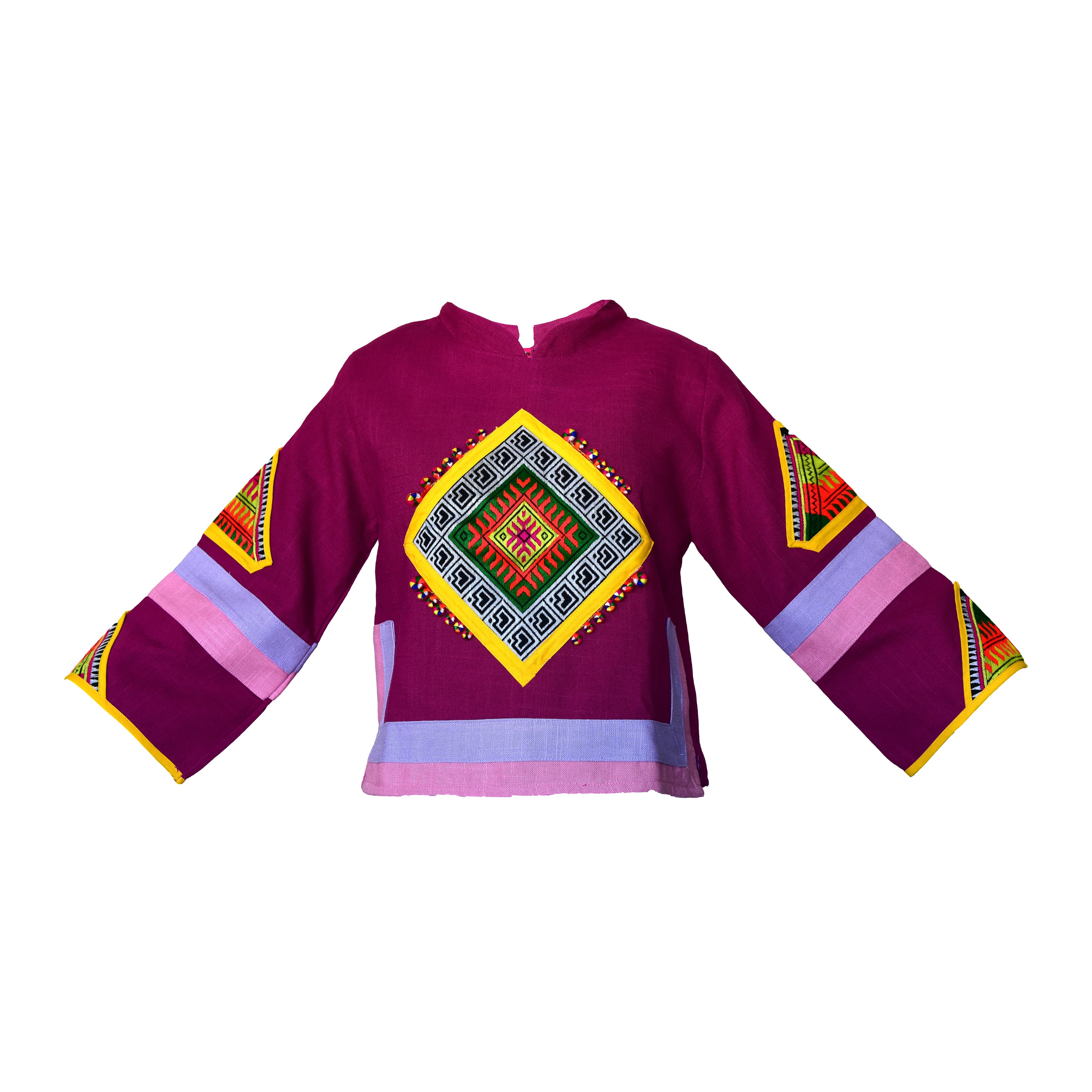 Handcrafted Modern-Style Hmong Hemp Top Magenta with Large Diamond Embroidery Panel from Chiang Rai Thailand - Lalanna Design