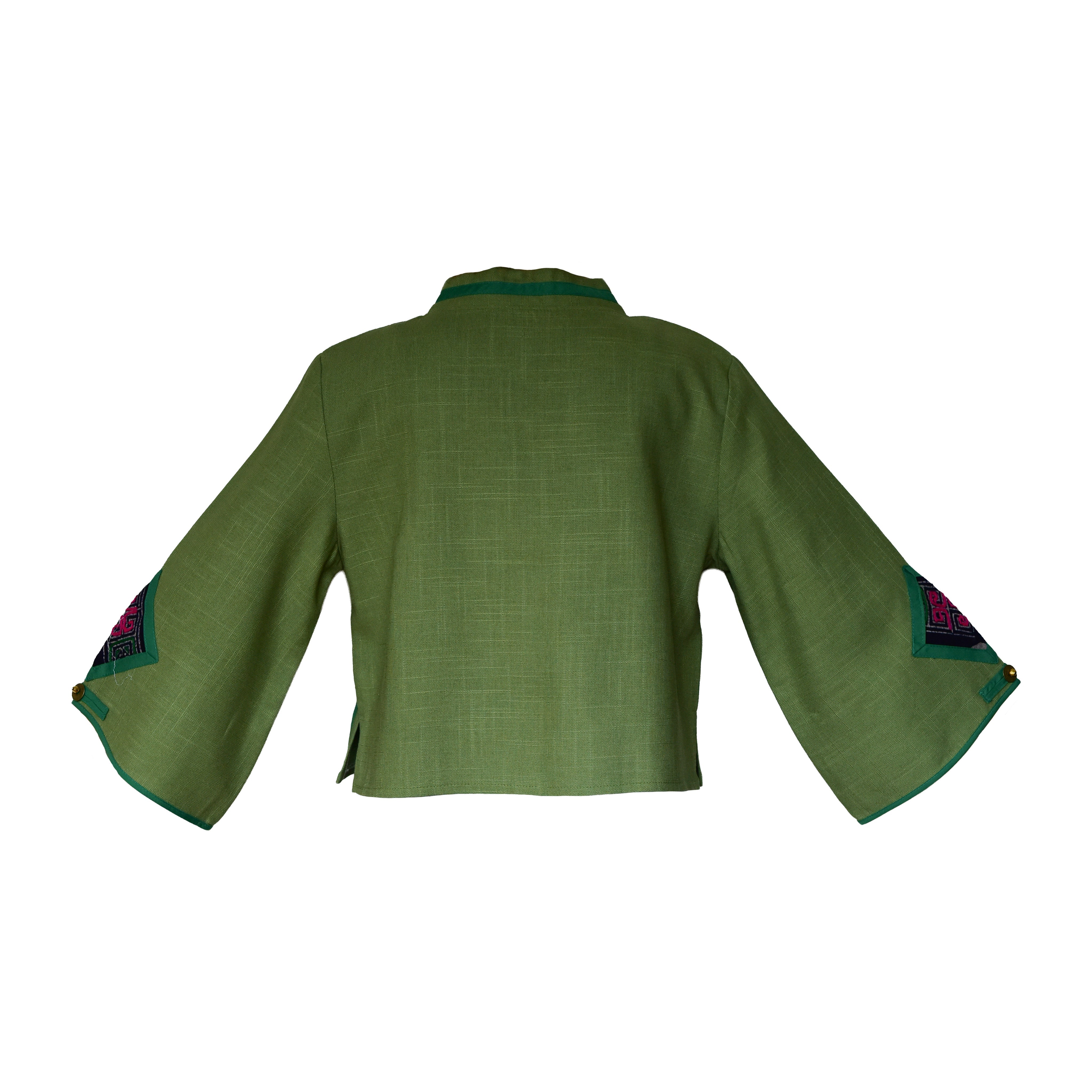 Handcrafted Modern-Style Hmong Hemp Top with Colorful Geometric Embroidered Panel from Chiang Mai Thailand - Lalanna Design