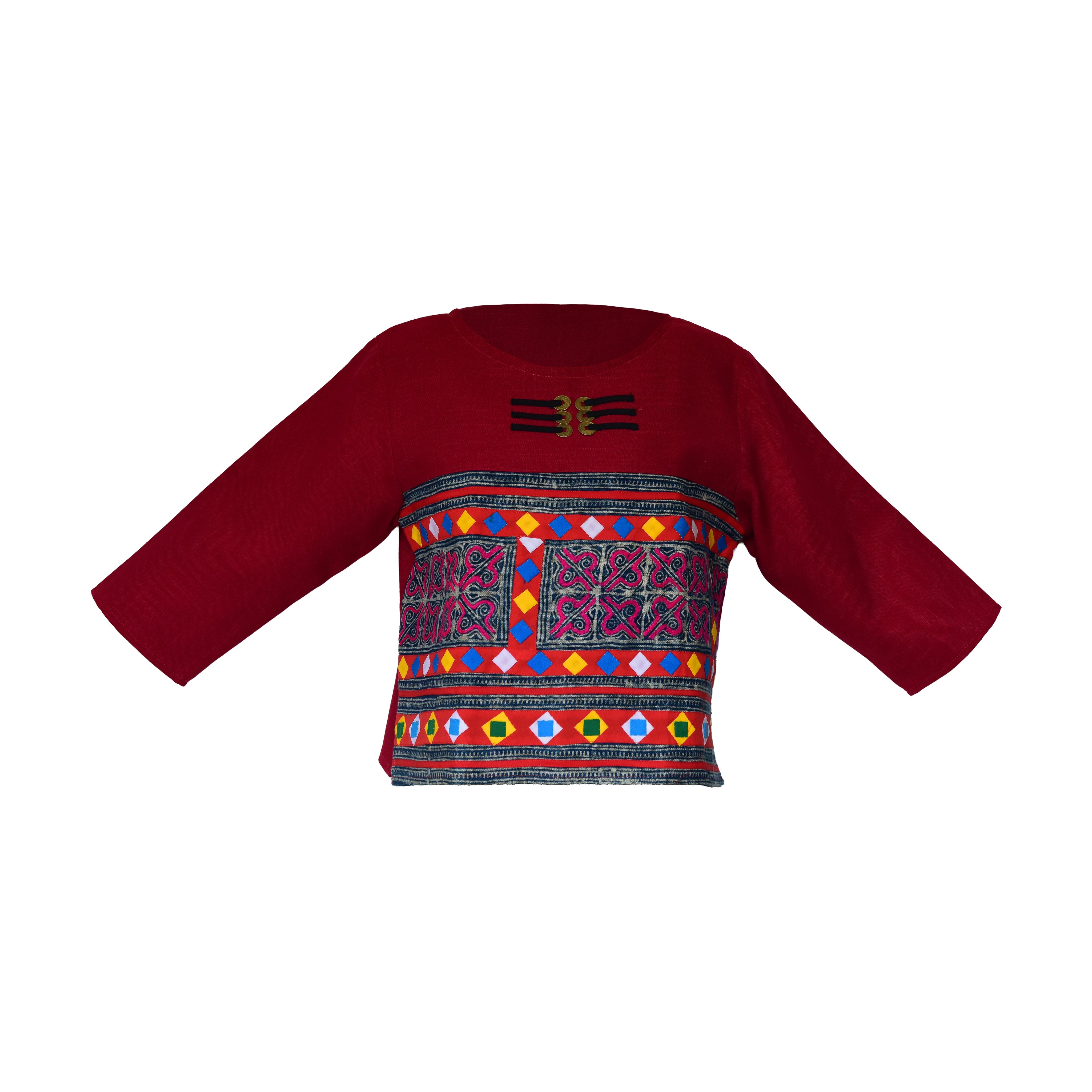 Handcrafted Modern-Style Hmong Hemp Top with Colorful Geometric Embroidery Band from Chiang Rai Thailand - Lalanna Design