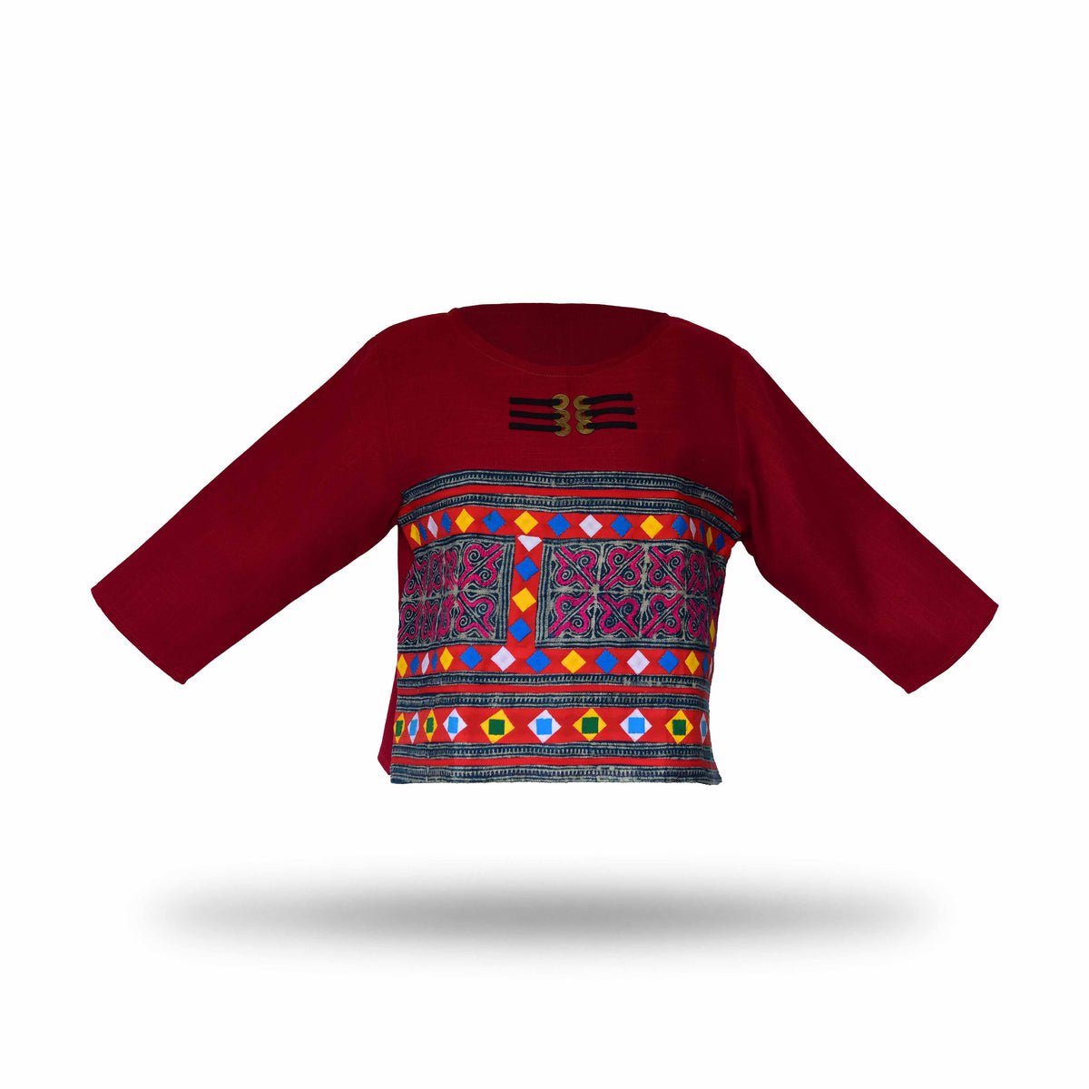 Handcrafted Modern-Style Hmong Hemp Top with Colorful Geometric Embroidery Band from Chiang Mai Thailand - Lalanna Design